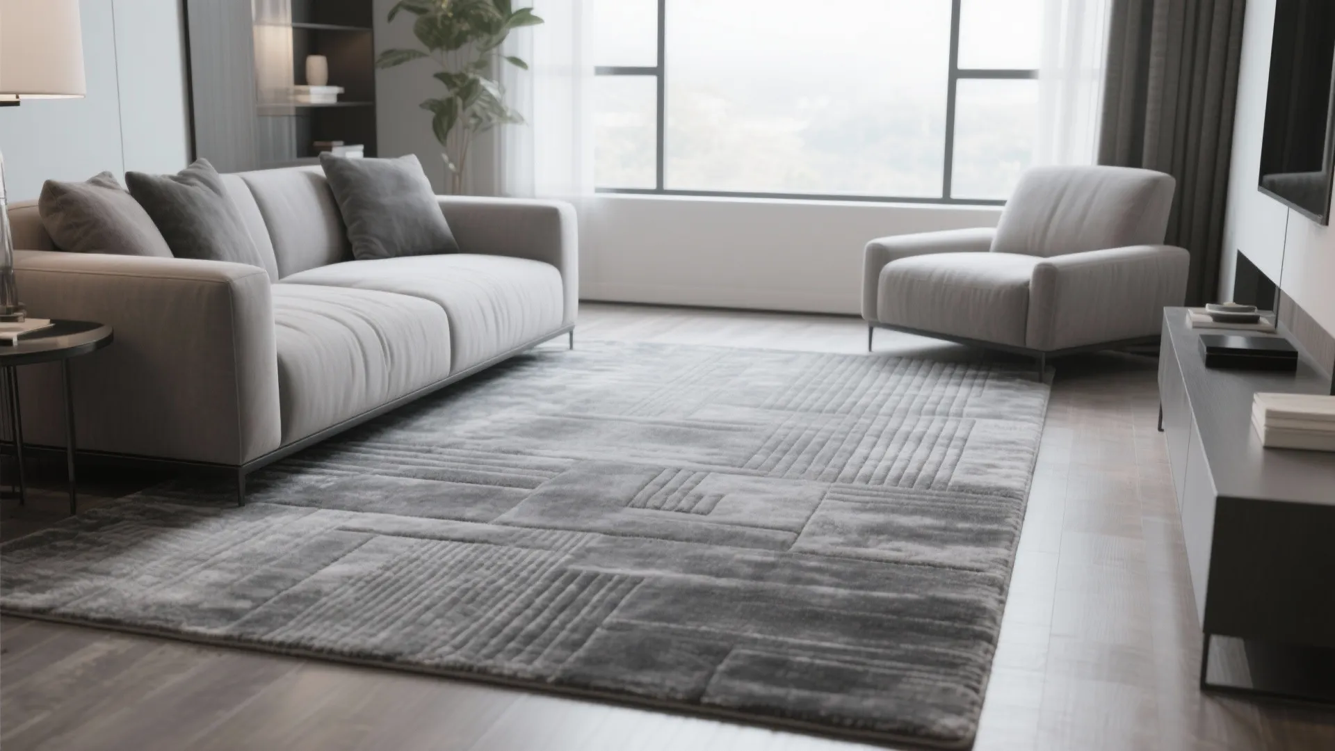 Grey themed living room featuring a textured rug light grey sofa and a black cabinet