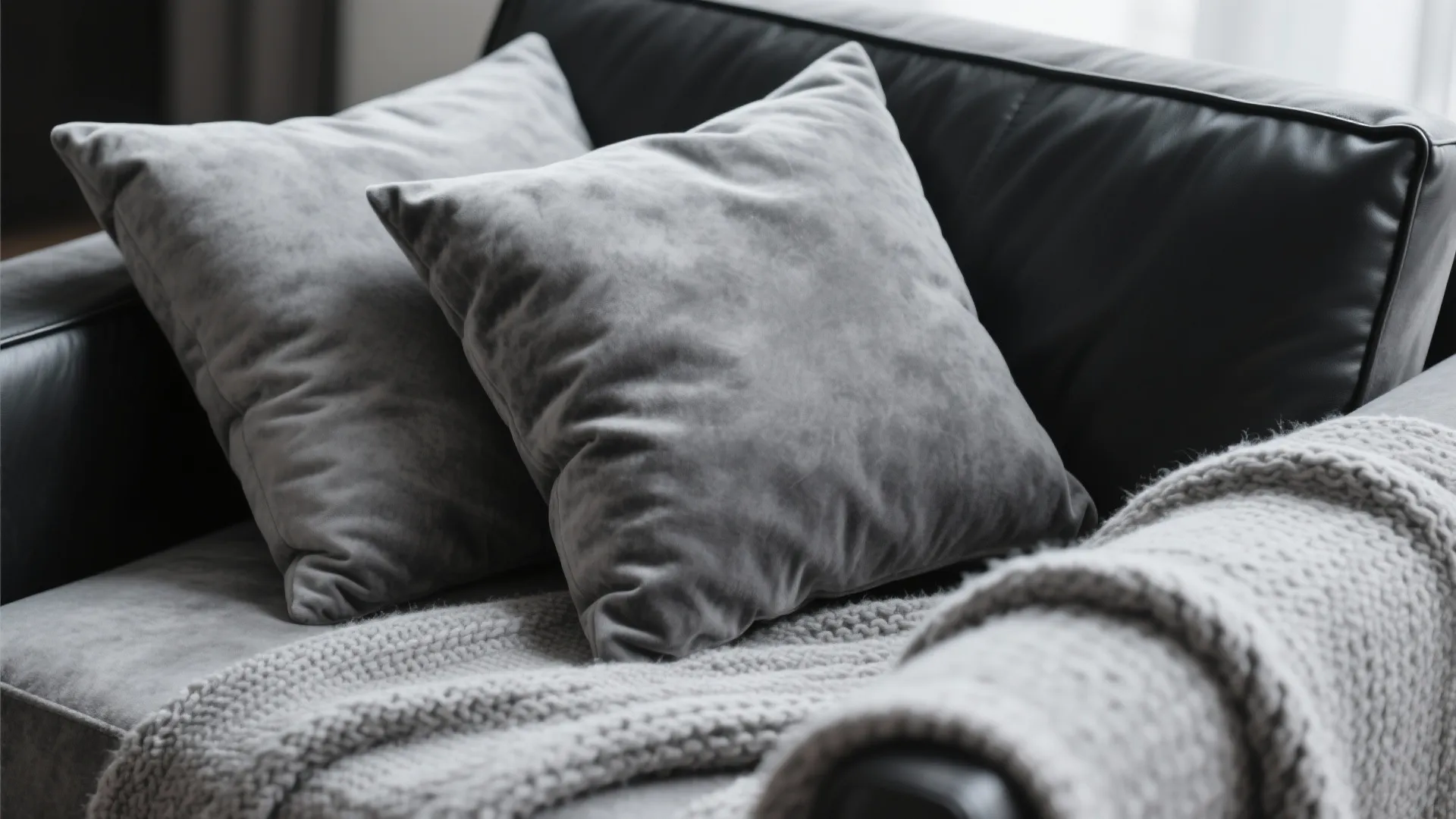 Close up of two soft grey pillows and a knitted blanket on a dark leather sofa
