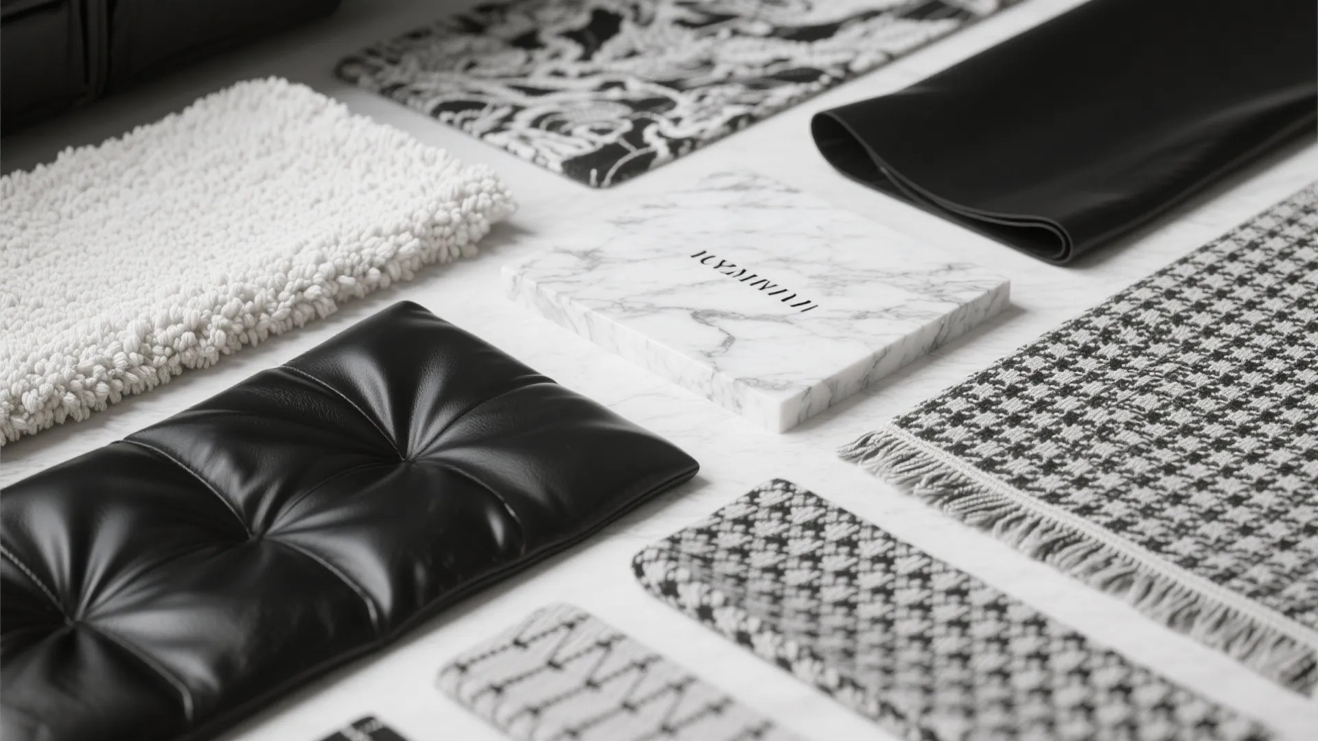 Collection of black and white interior design material samples including marble, leather, and textured fabrics