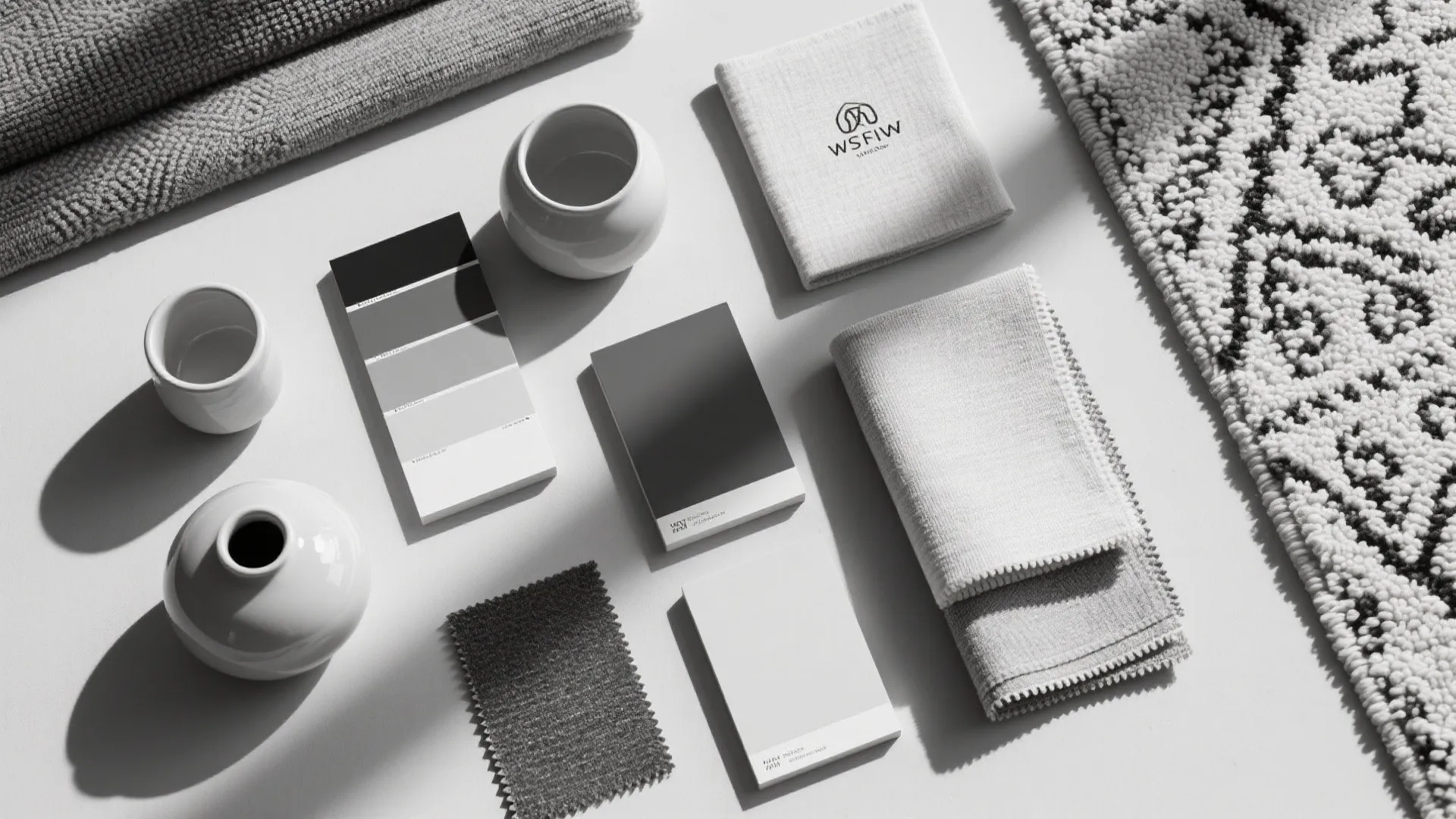 Interior design mood board with fabric swatches color samples small white vases and patterned rug