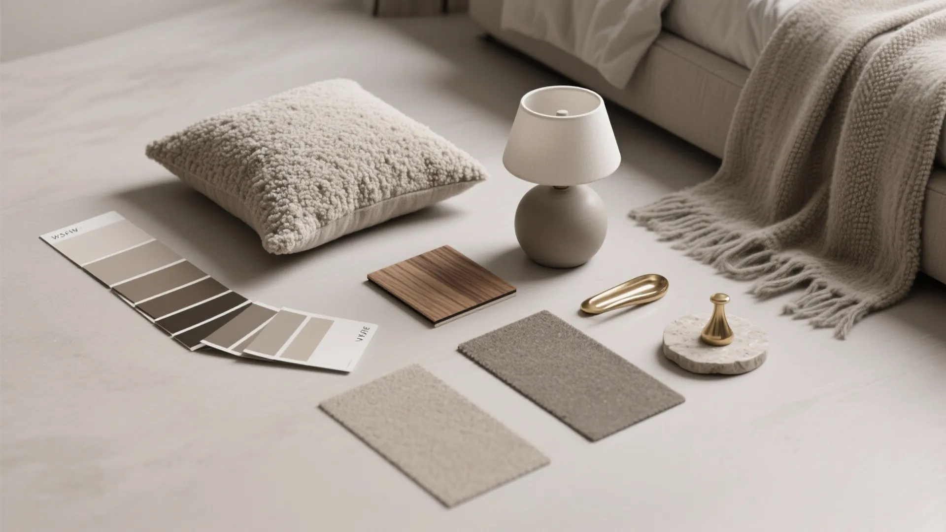 Interior design mood board with color samples, fabric textures, small lamp, and a textured pillow