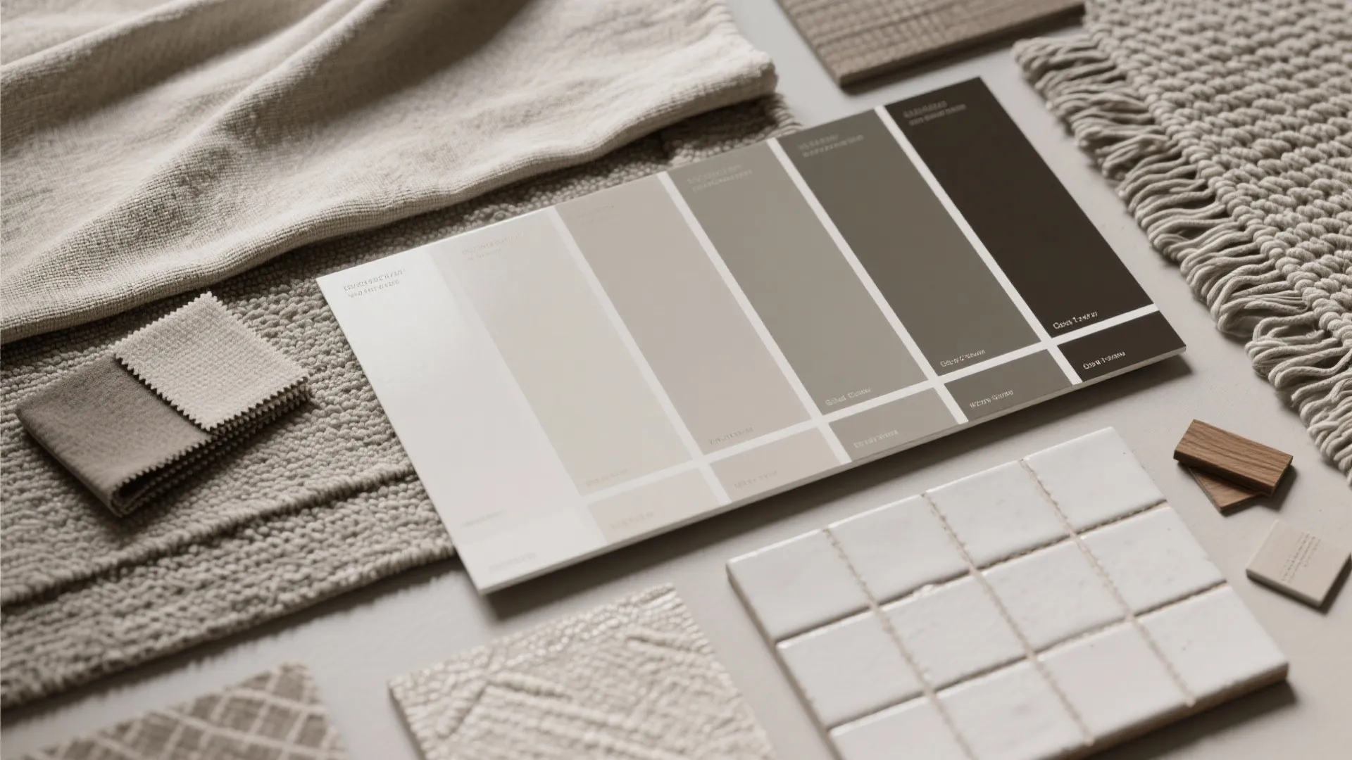 Neutral color palette with paint swatches fabric samples white tiles and home interior design textures