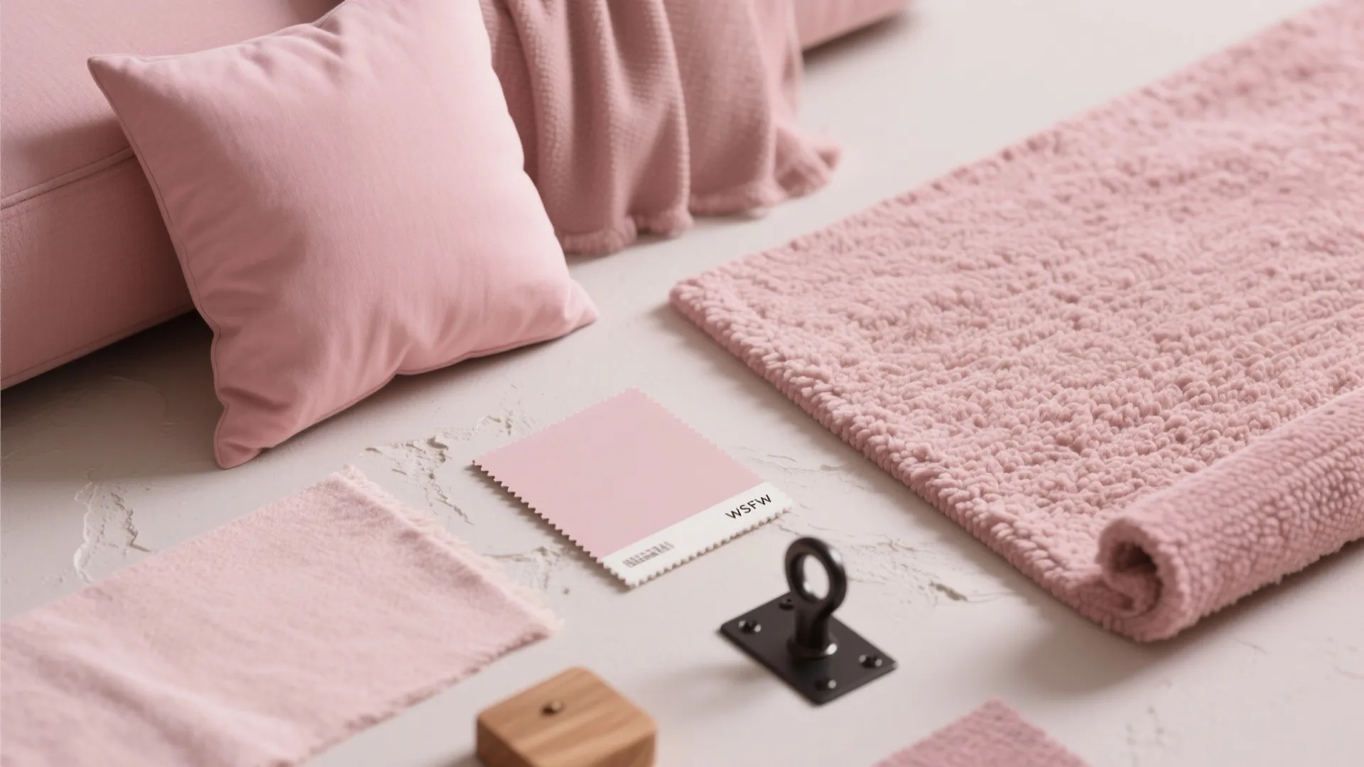 Collection of pink interior design materials including fabric samples a pillow and a small rug
