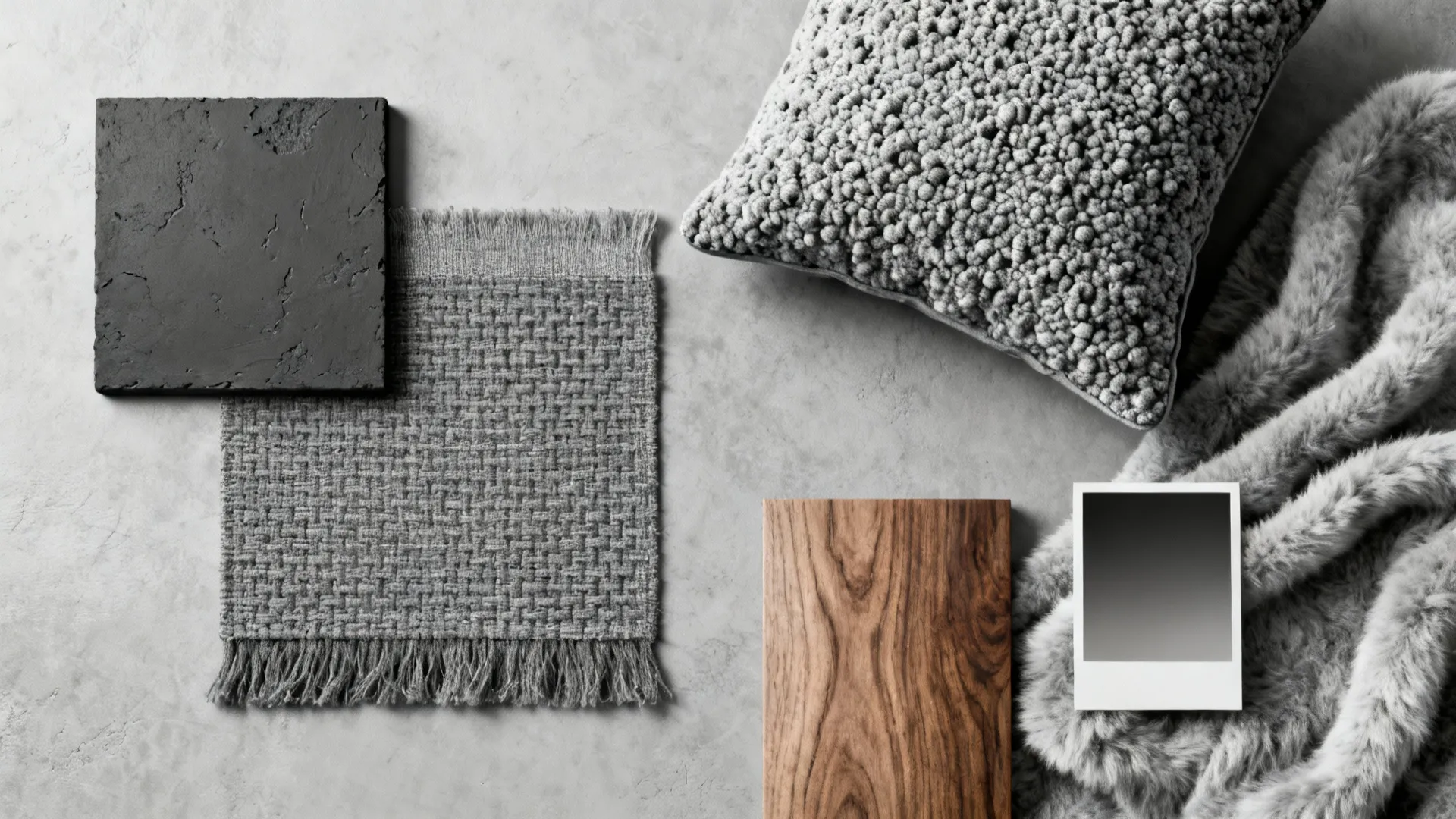 Interior design mood board with grey fabric, wood sample, black stone, pillow, and fur texture