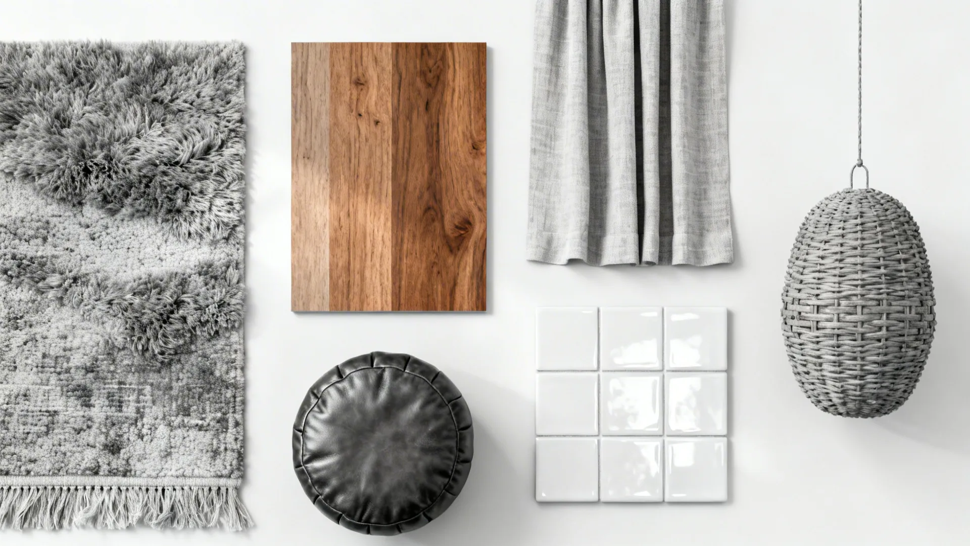 Interior design materials board with grey rug wood panel grey curtain black footrest white tiles