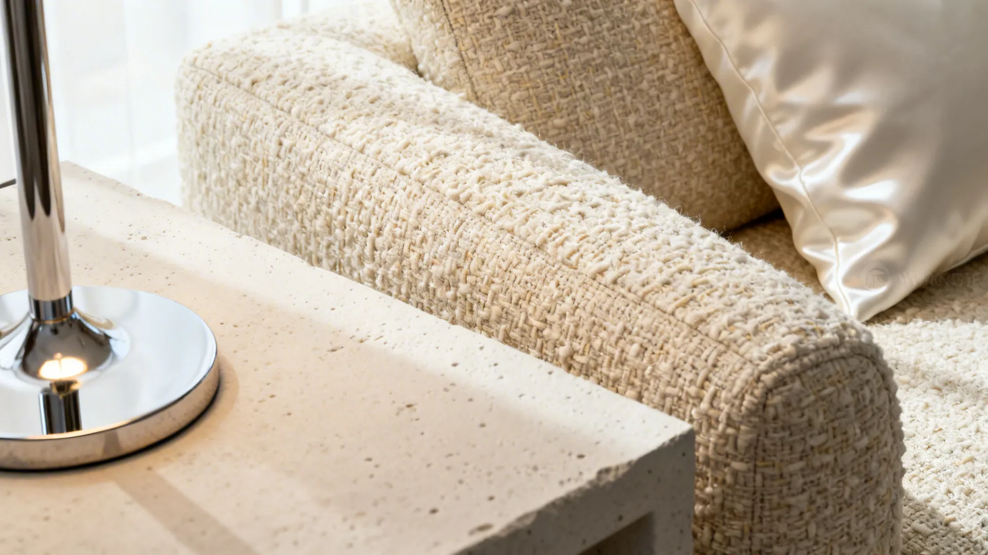 Close-up of cream boucle sofa, silk cushion, plaster table and chrome lamp