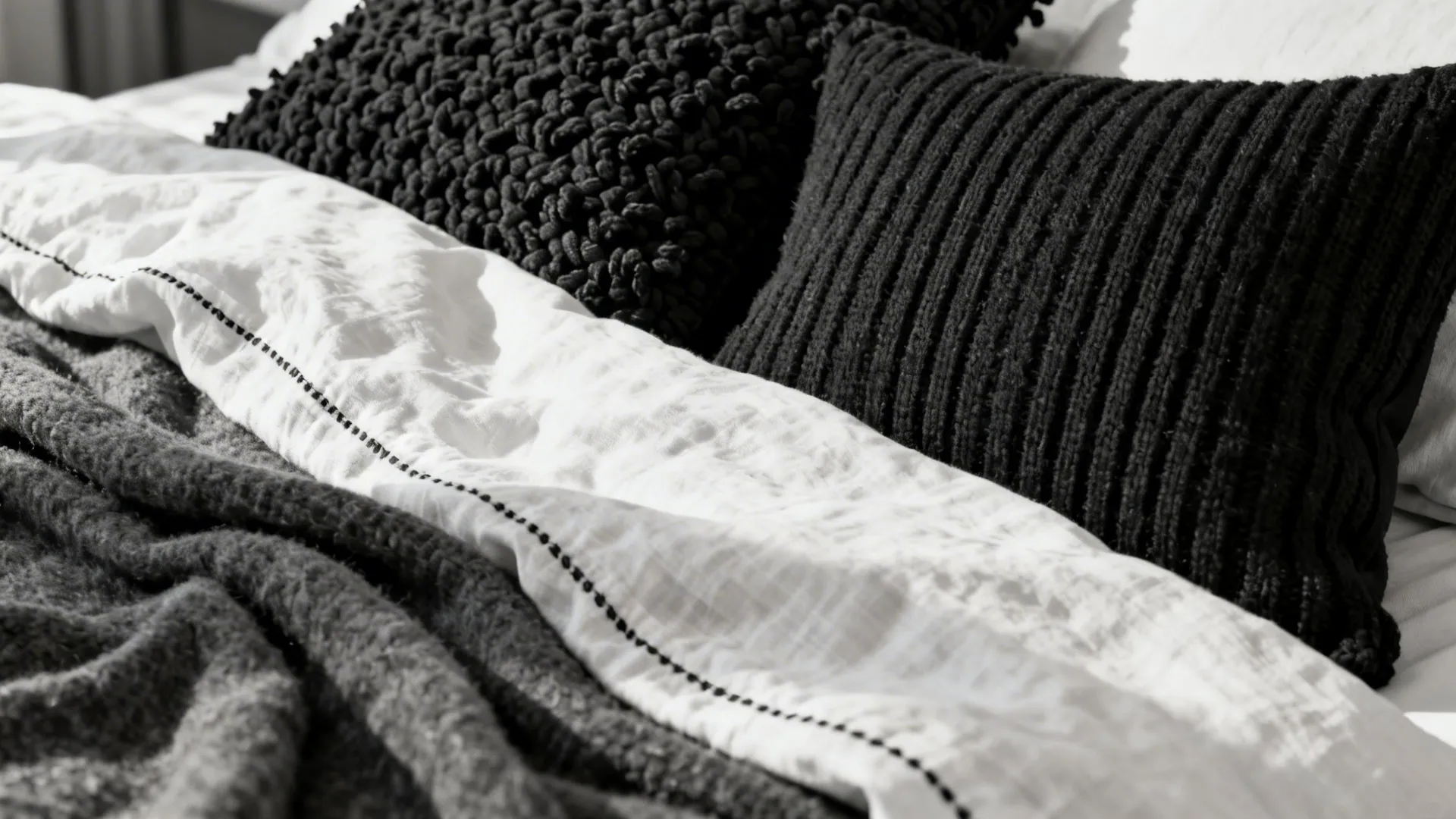 Close-up of layered black-and-white bedding textures: linen, boucle, ribbed knit and woven cushions.