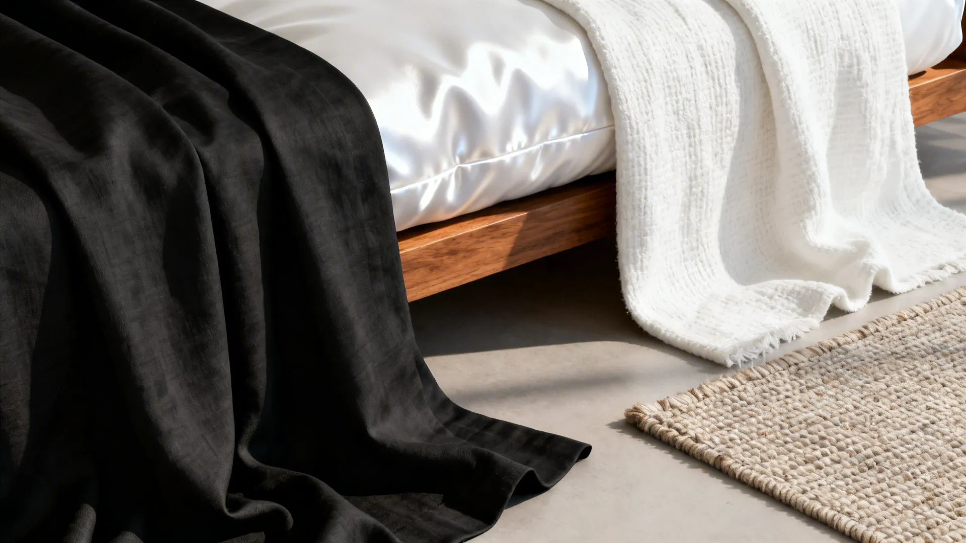 Close-up of mixed monochrome textures: matte black linen, glossy white sateen and textured cotton