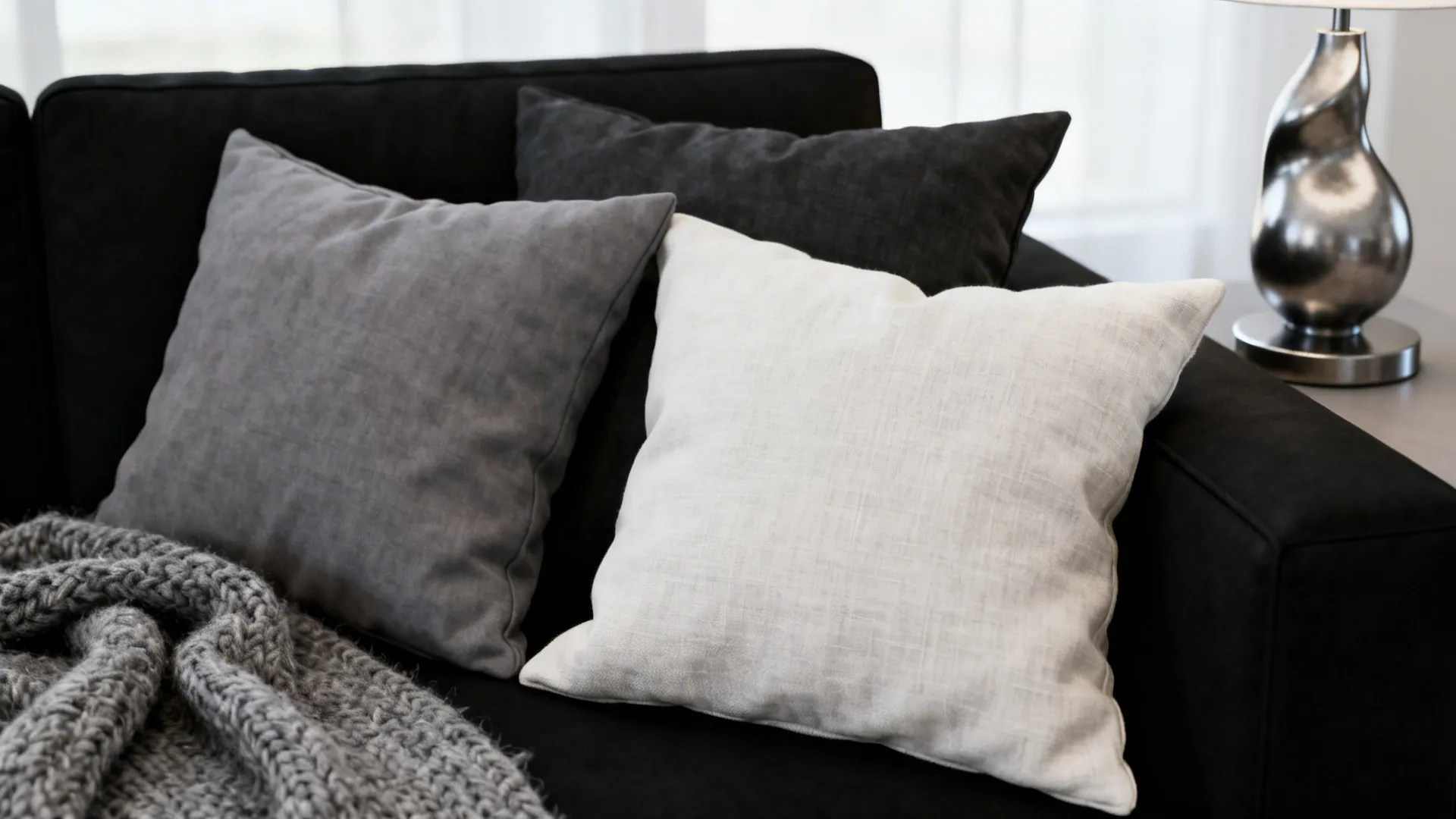 Close-up of charcoal cushions and wool throw on a black sofa with a sculptural lamp.