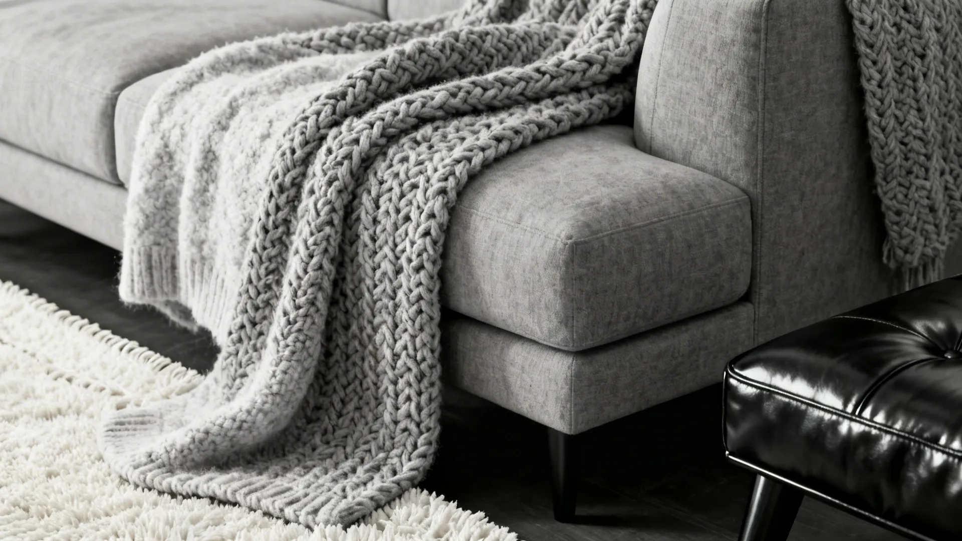 Grey fabric sofa with thick knitted blanket next to white rug and black leather footrest