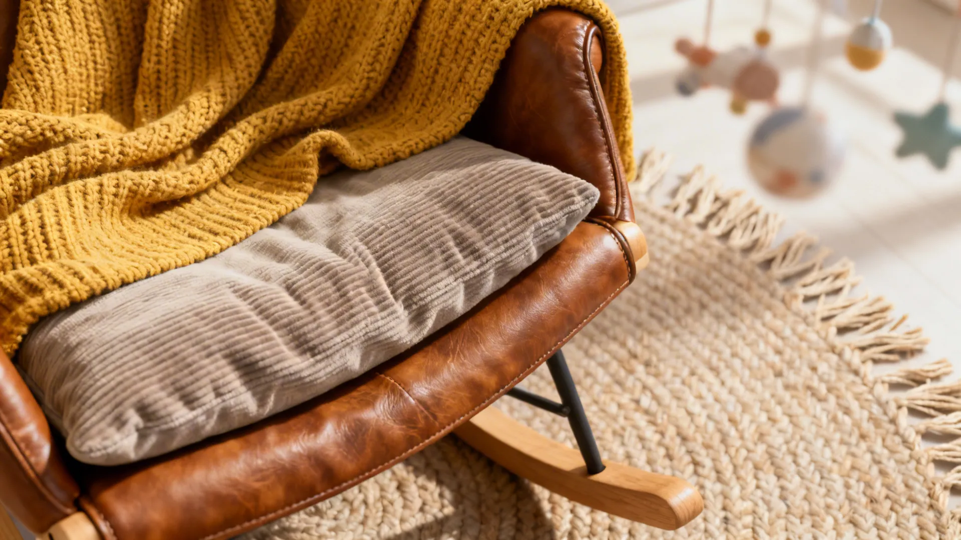 Close-up of woven rug, corduroy cushion and mustard knit blanket in a neutral nursery.