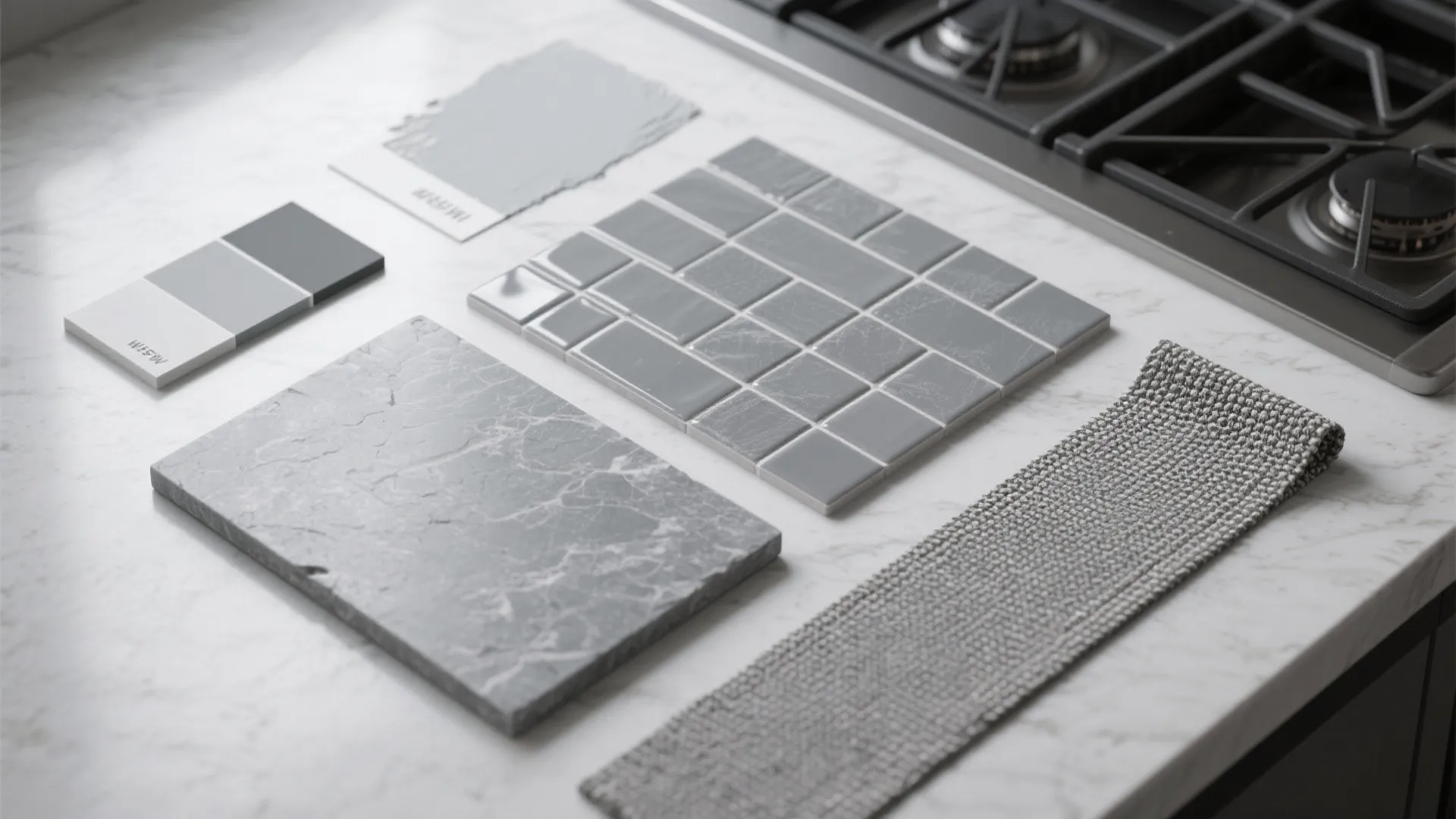 Top-down flatlay of grey paint, stone, tiles and fabric samples showing textural variety.