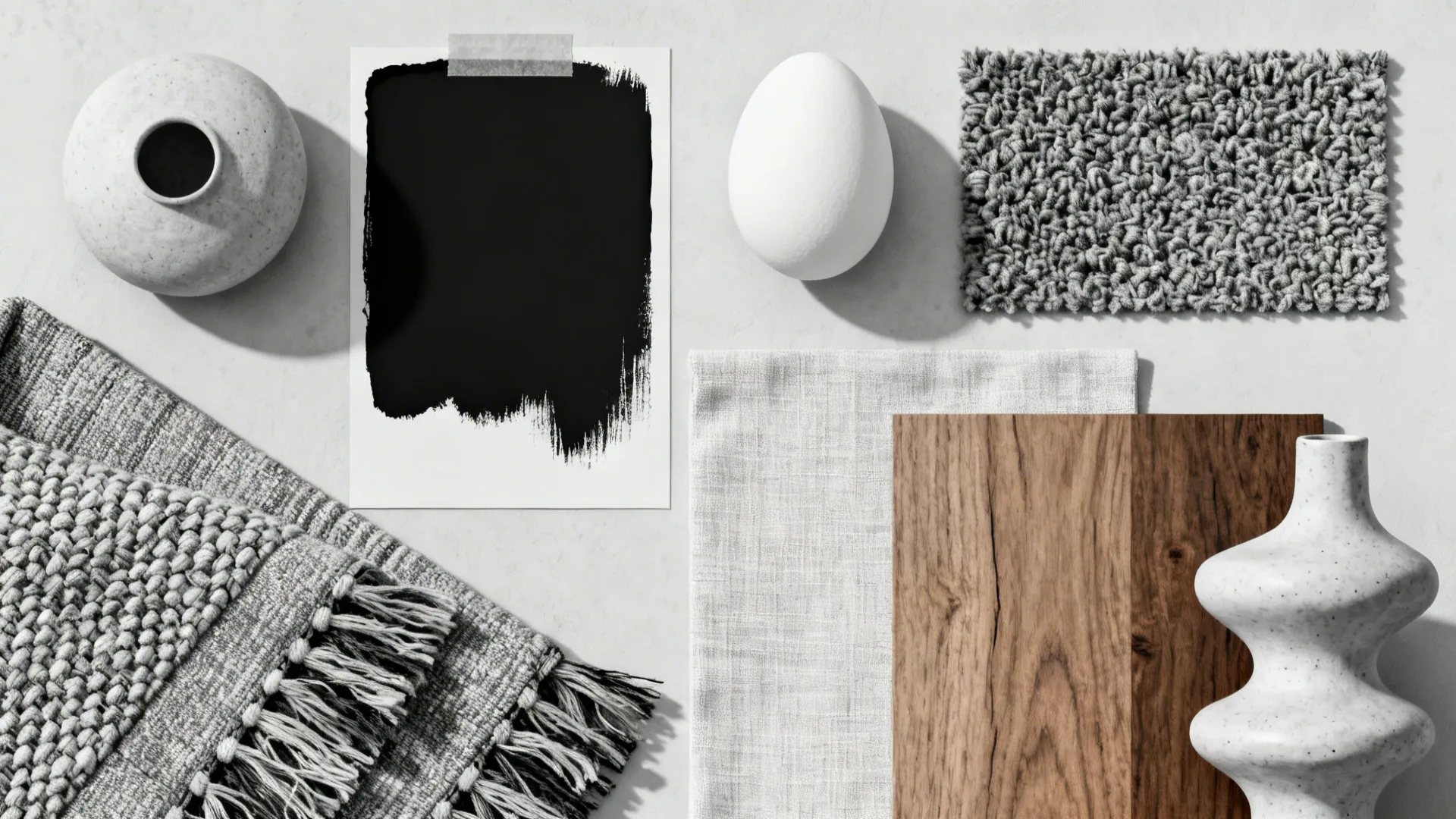 Flatlay of monochrome material samples: black matte, white eggshell, boucle, linen, warm wood and ceramics.