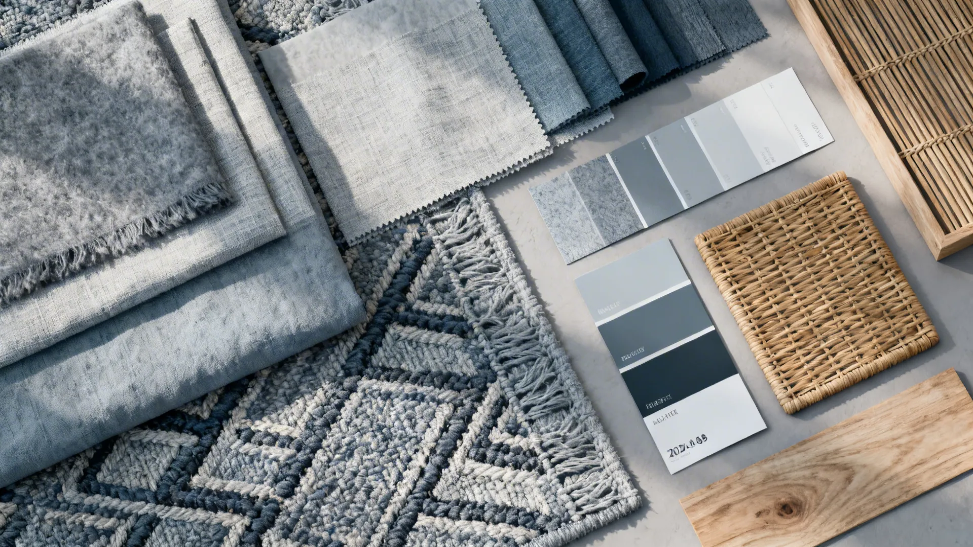 Flatlay of grey-blue fabric, rug, paint chips, wood and rattan samples for a textured monochrome scheme