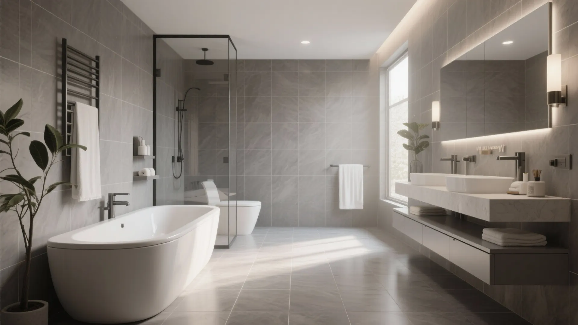 Bathroom with matching monochrome 12x24 tiles on floor and walls