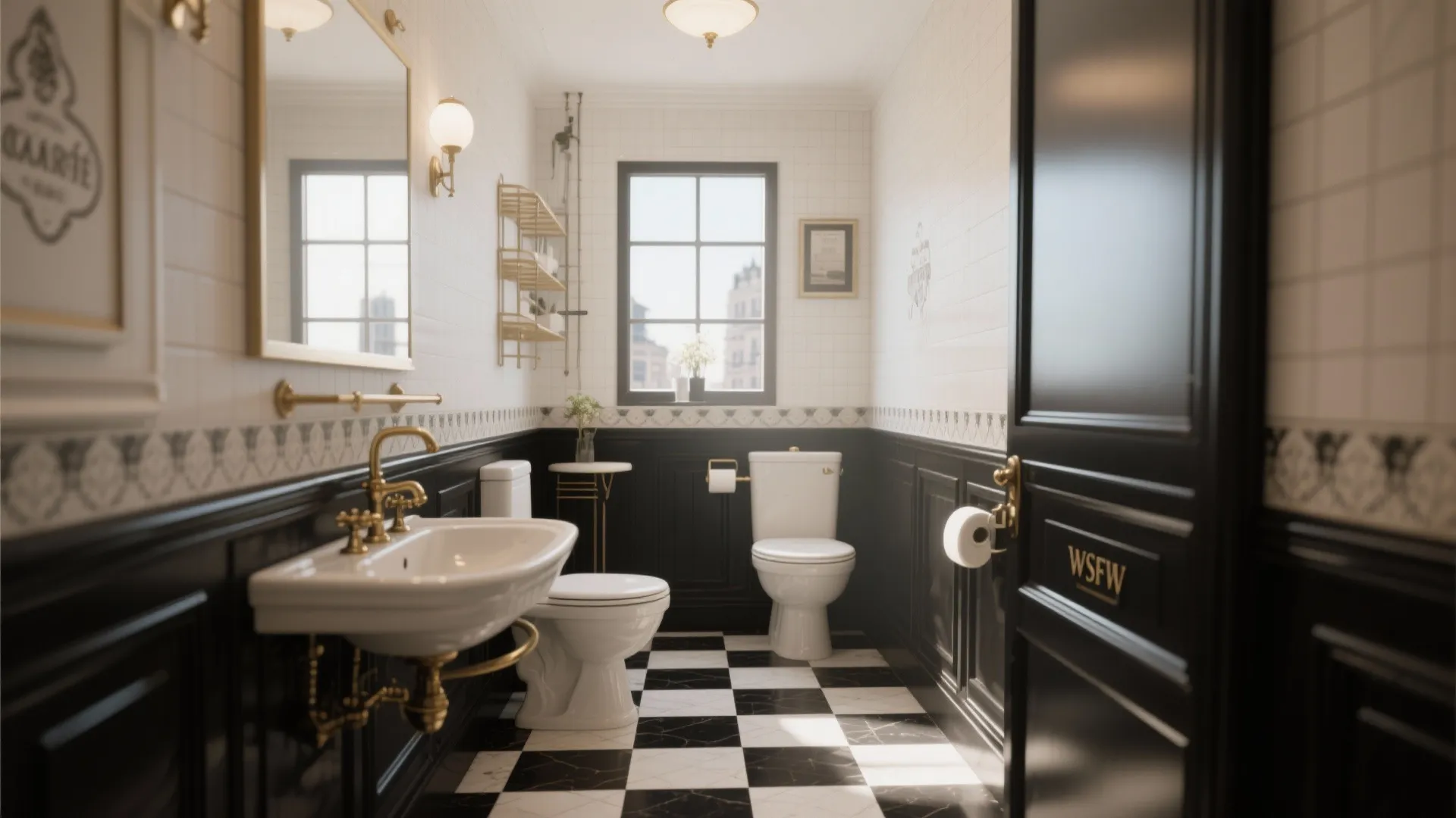 Classic bathroom with black and white checkered floor tiles white wall tiles and gold light fixtures