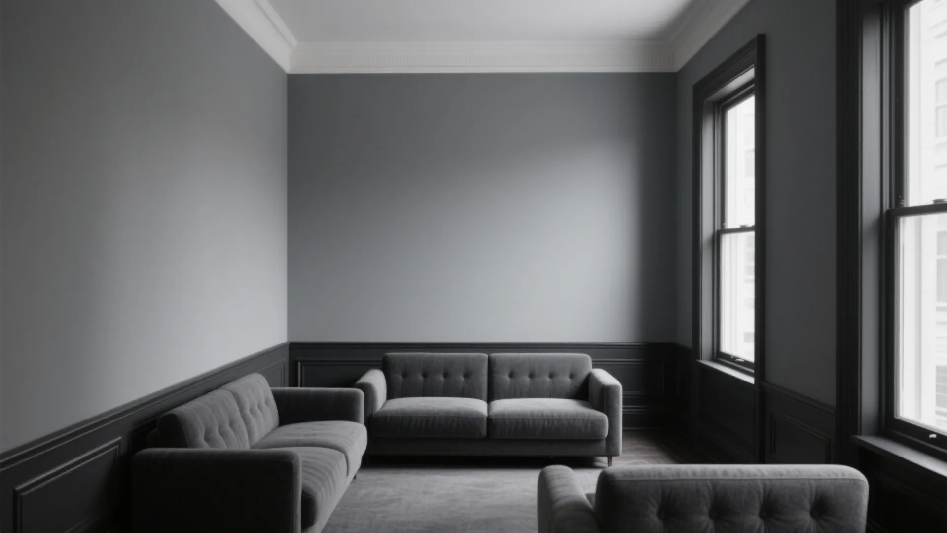 Minimalist living room with grey walls dark wall panel two sofas and large bright windows