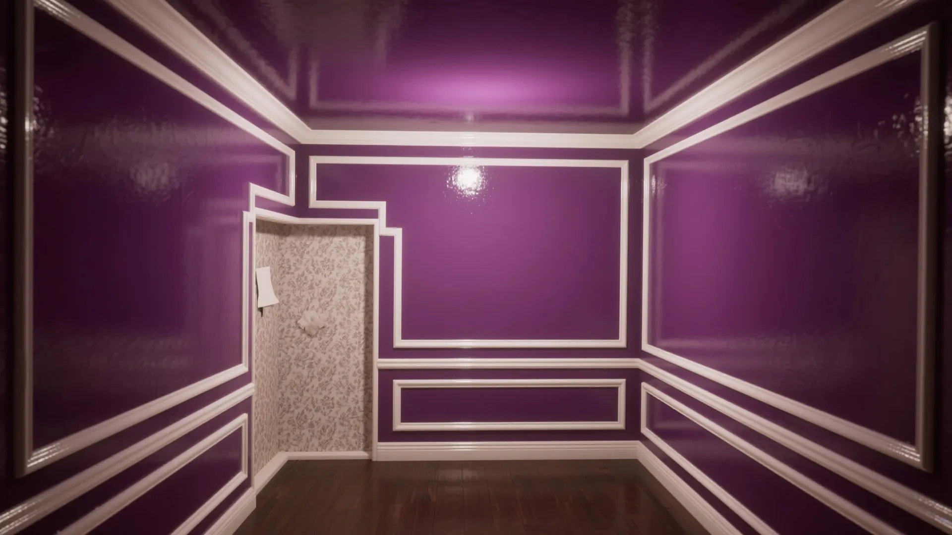 Empty purple room with shiny walls white wall panel lines dark wood floor and wallpaper