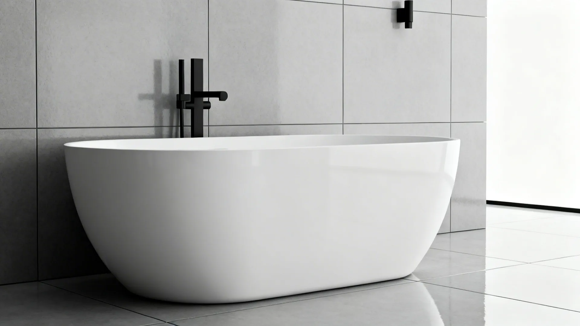Monochrome minimalist bathroom with a matte white tub and black accents