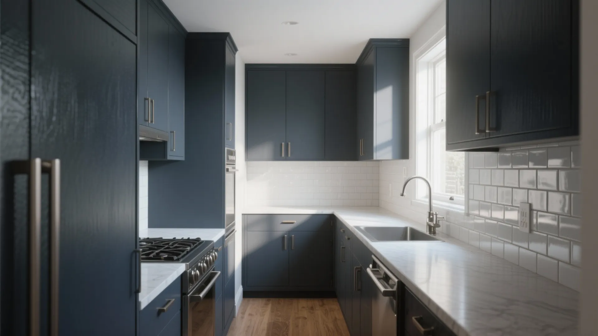 Modern dark blue kitchen cabinets with white wall tiles marble countertop and wood floor finish