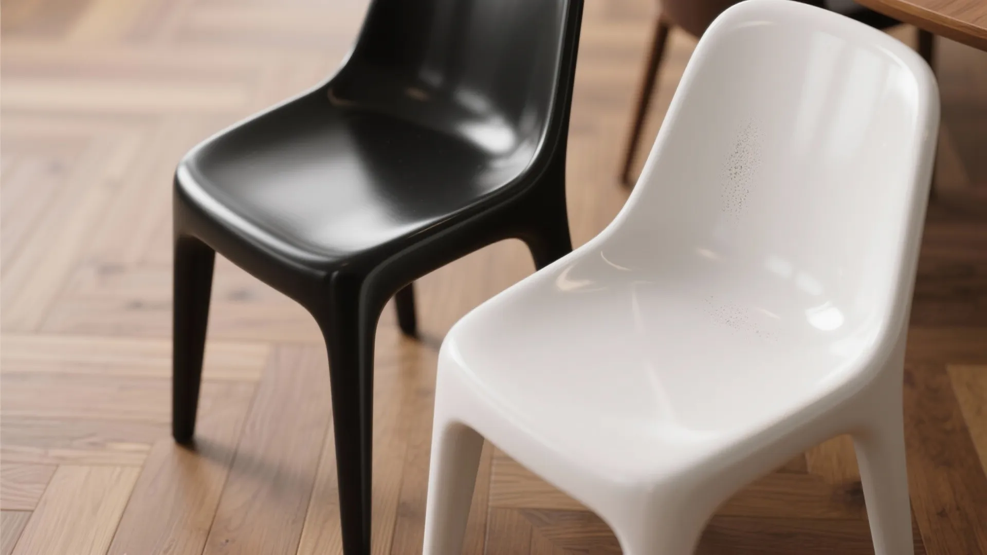 Close-up of matte black and glossy white dining chairs showing contrasting finishes