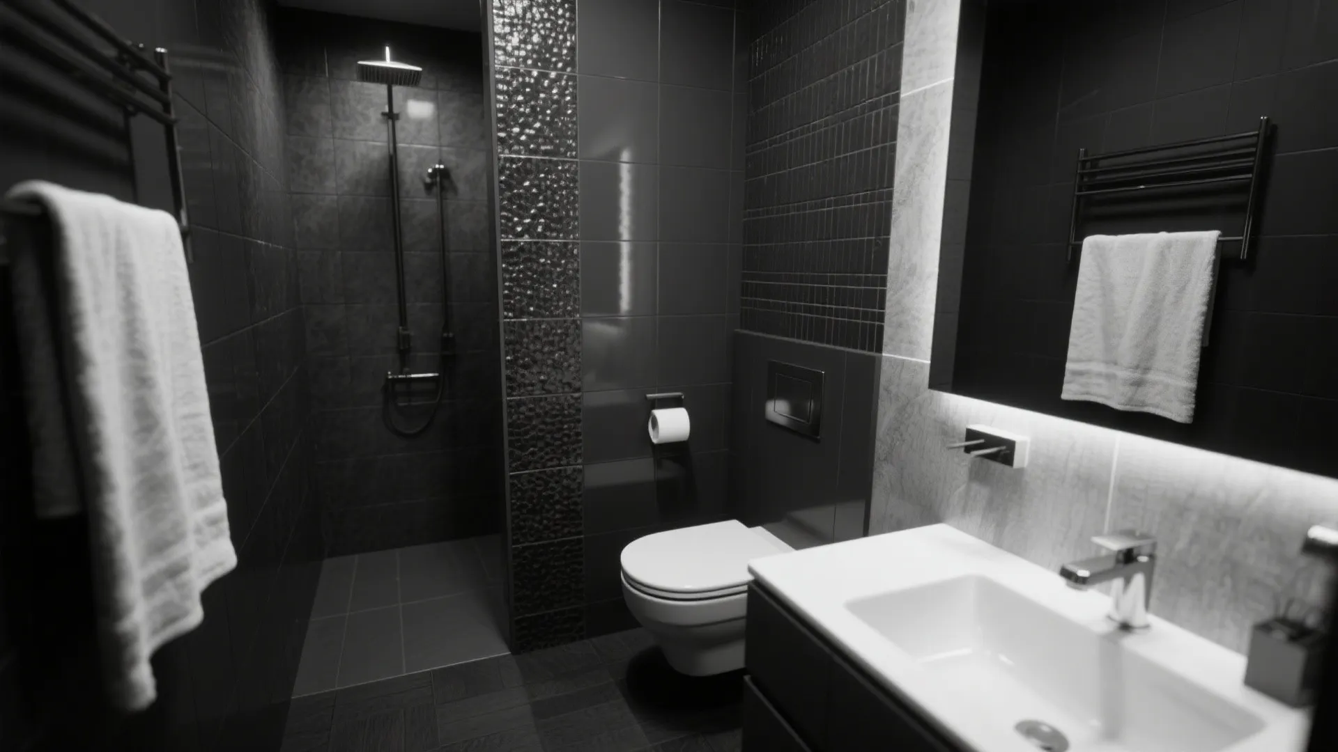 Black and white bathroom design with shower area white toilet vanity sink and dark wall tiles