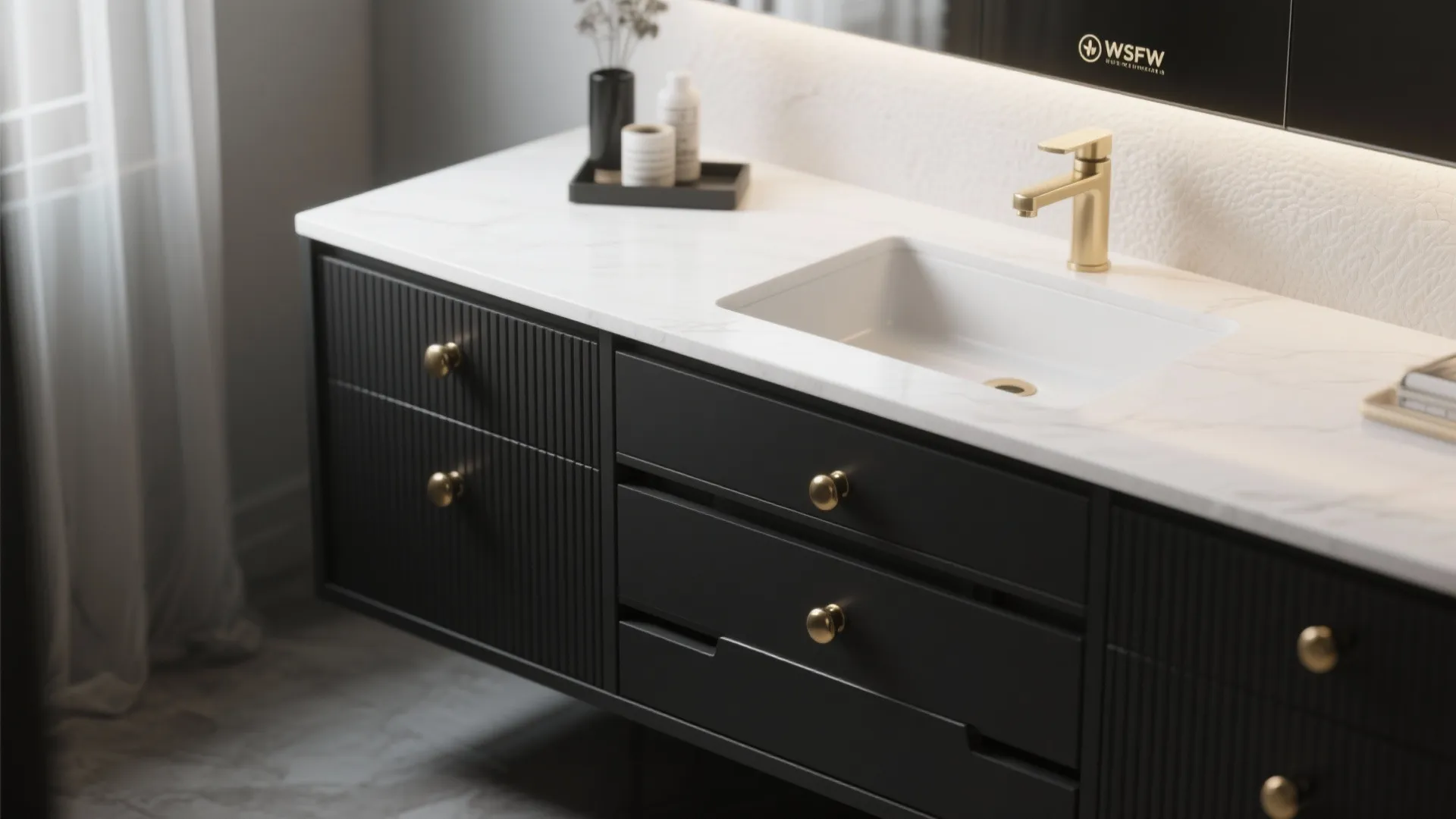 3. Monochrome vanity with brass hardware
