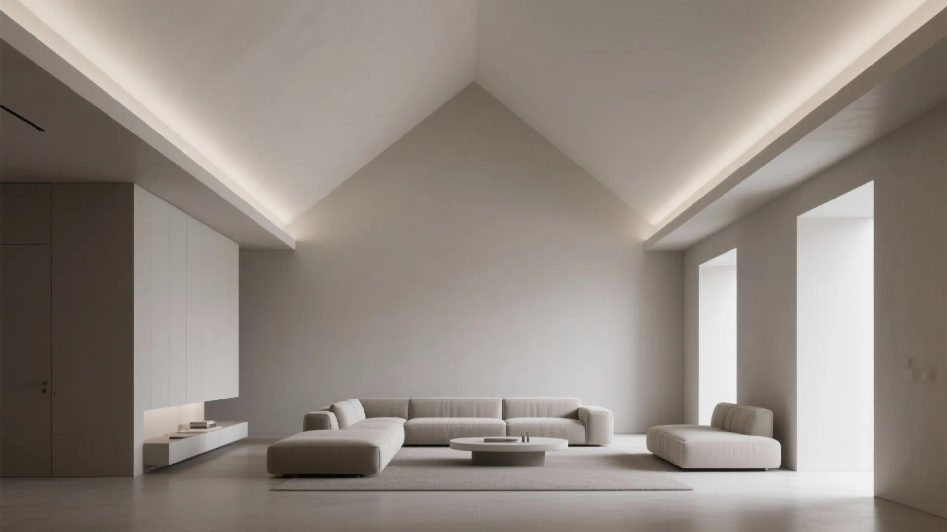 Minimalist grey living room with a large sofa small round table and hidden wall light fixture