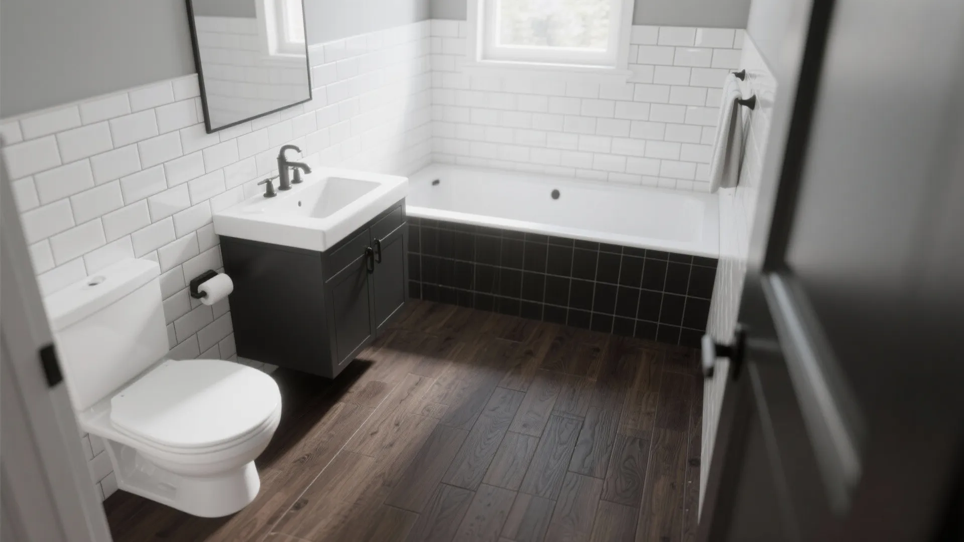 Modern bathroom with white subway tiles black cabinet dark wood floor and a white bathtub