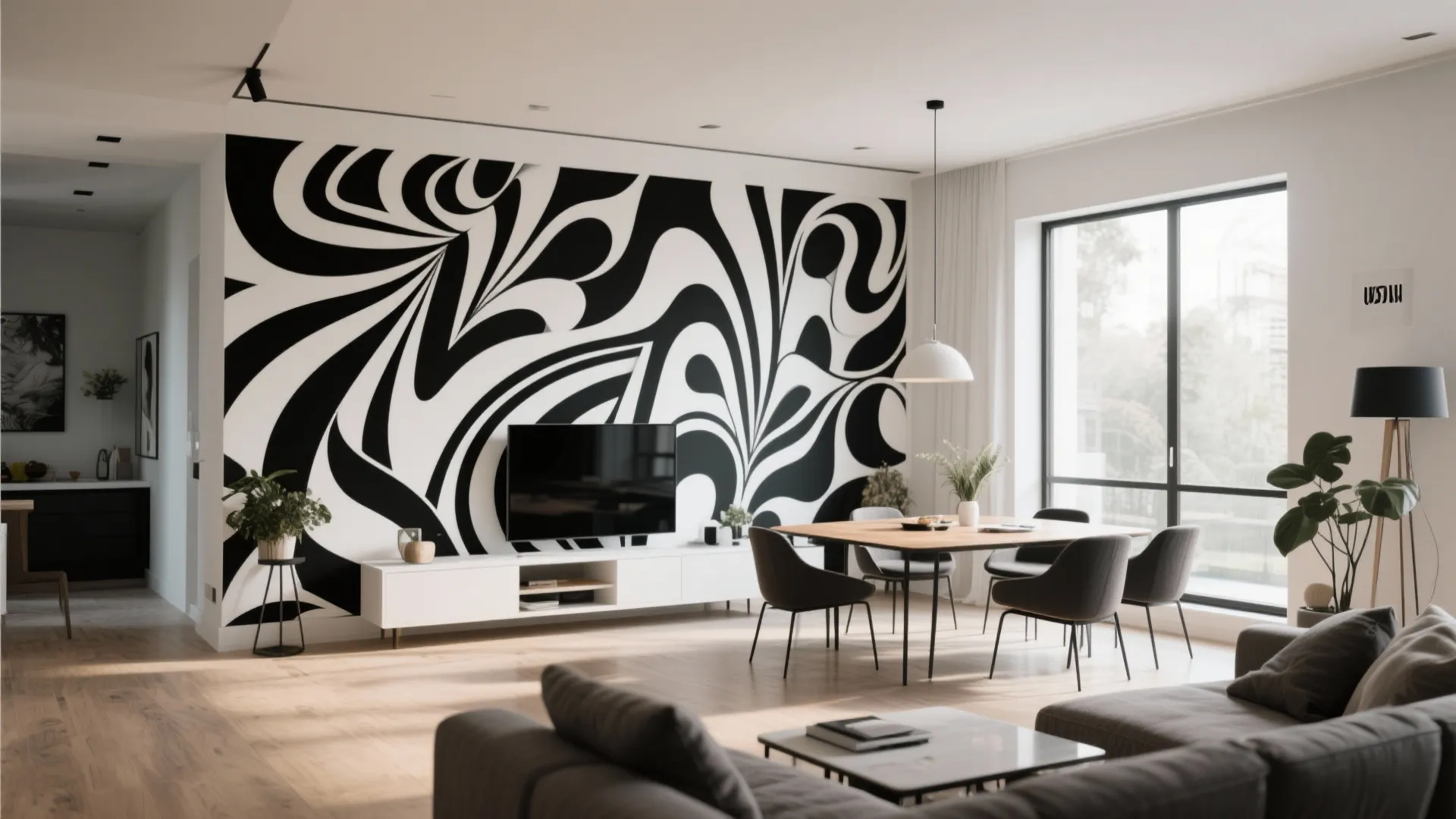 Black-and-white abstract wallpaper as a statement wall