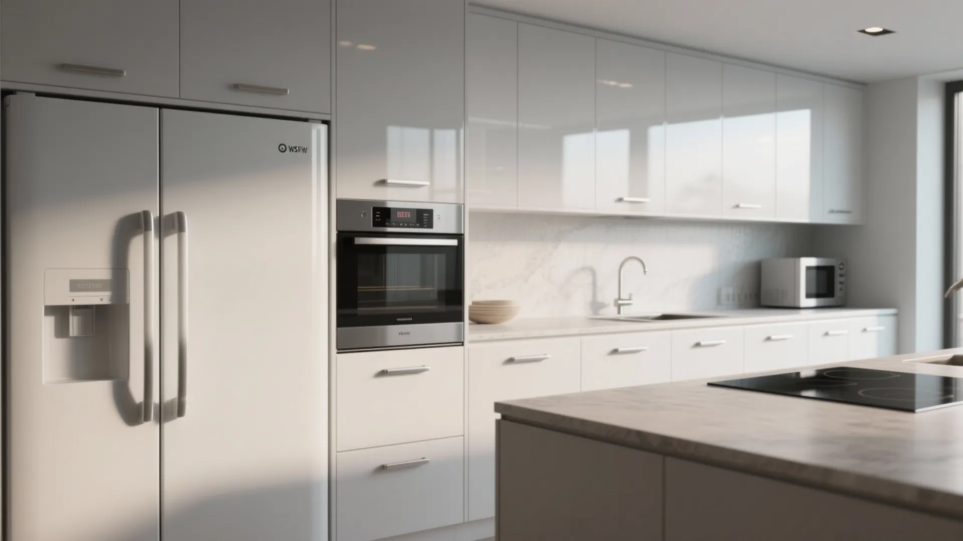 Modern white kitchen with glossy cabinets built-in oven large refrigerator marble countertop and natural light