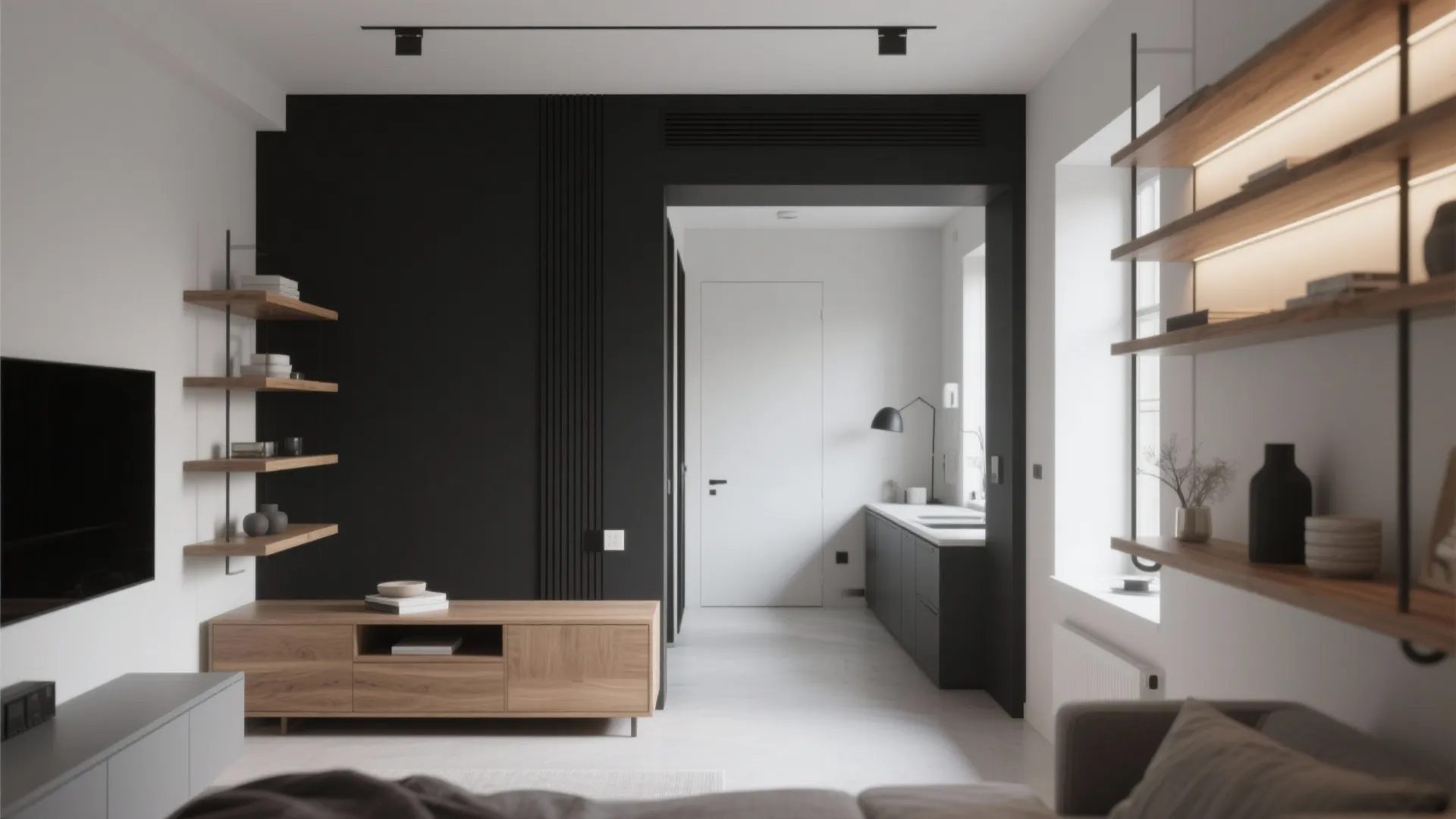 Modern living room with black accent wall wooden TV stand open shelving and kitchen view