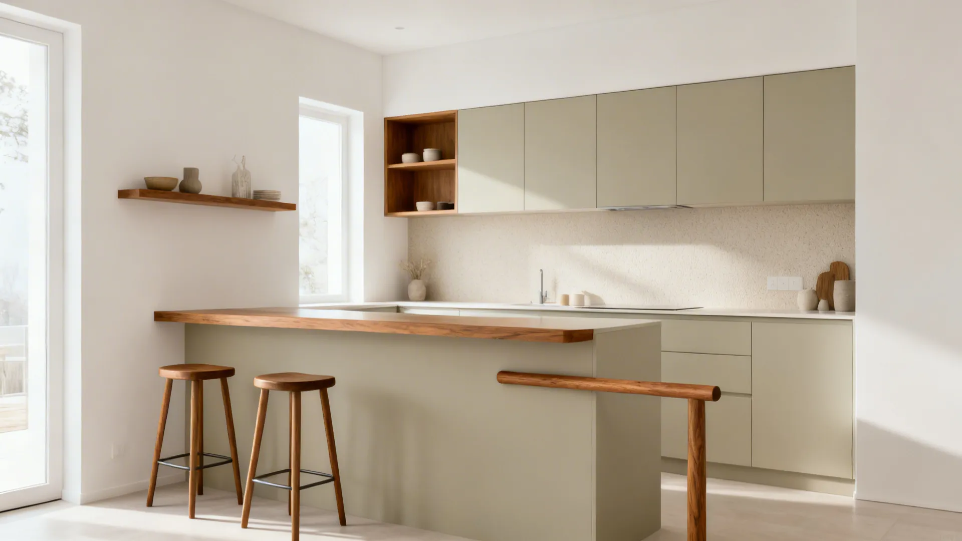 Monochrome one-slab kitchen with warm oak shelf and stools adding texture.
