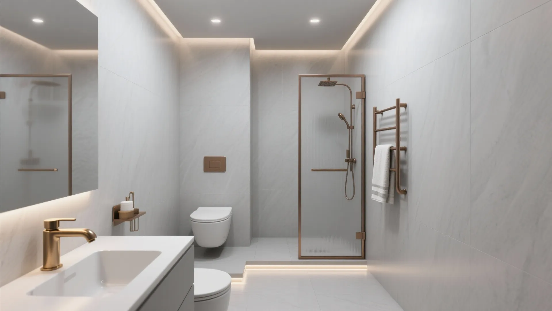 Modern white bathroom featuring warm metal faucet glass shower door toilet and hidden ceiling lights