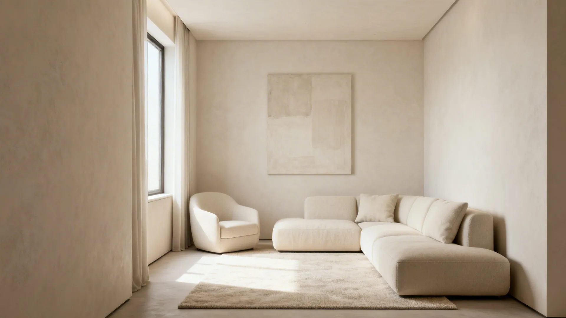 Compact living room with warm off-white walls, trim and door creating a seamless, larger feel
