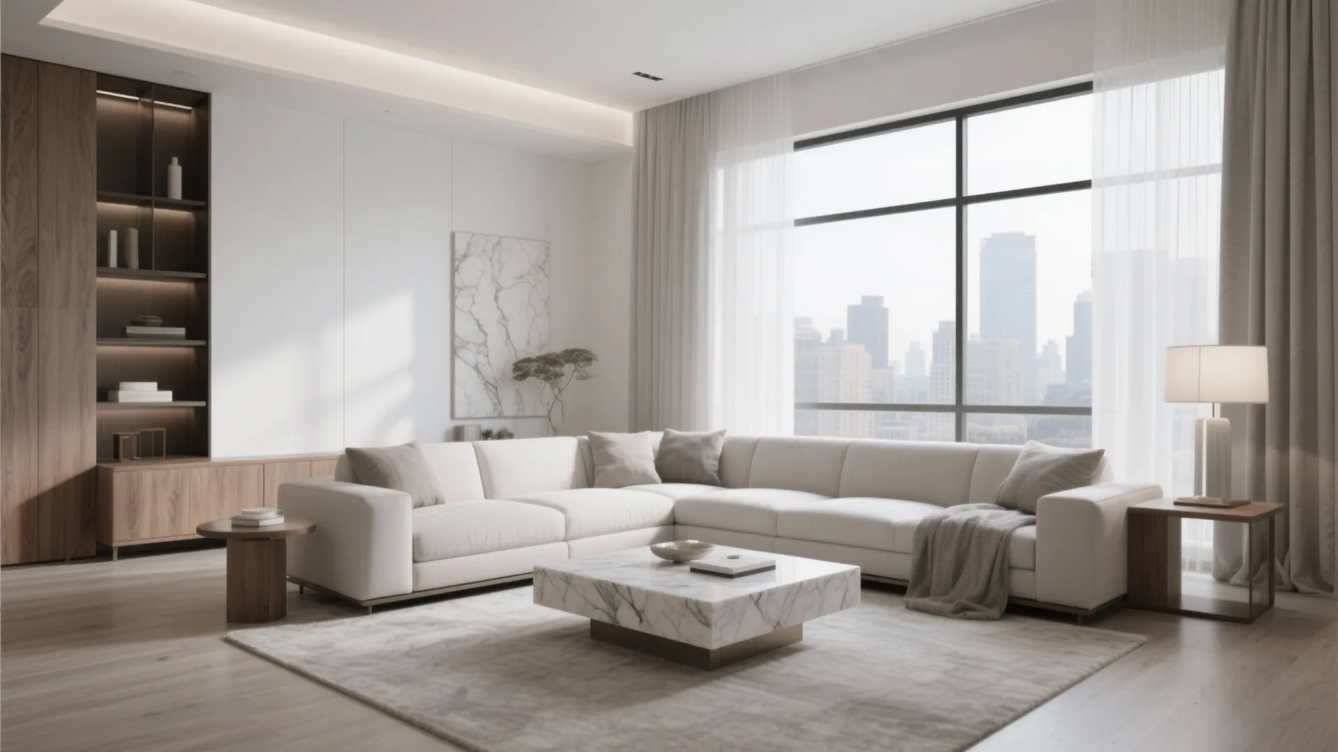 Monochrome Palette with Warm Woods and Stone