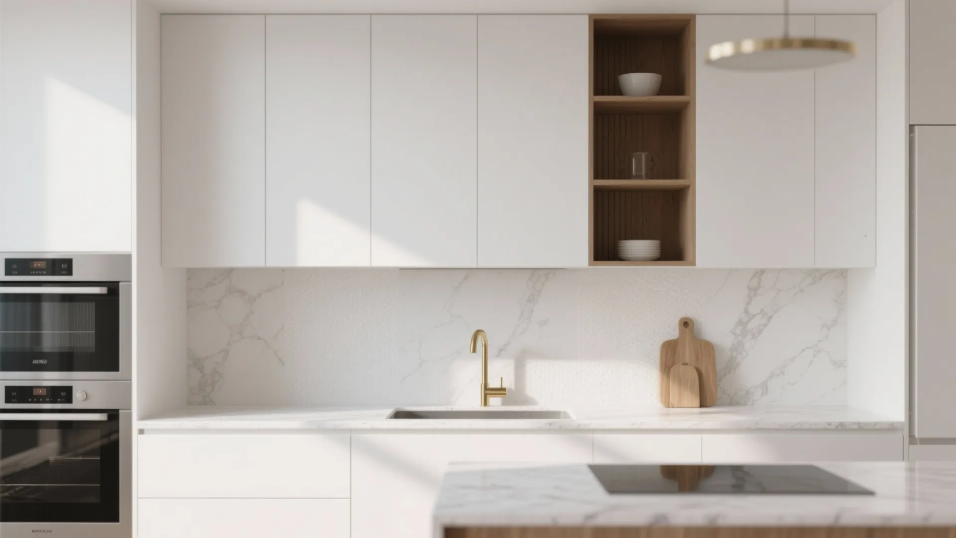 Minimalist kitchen with matching white cabinets and honed white quartz countertop, brass accents