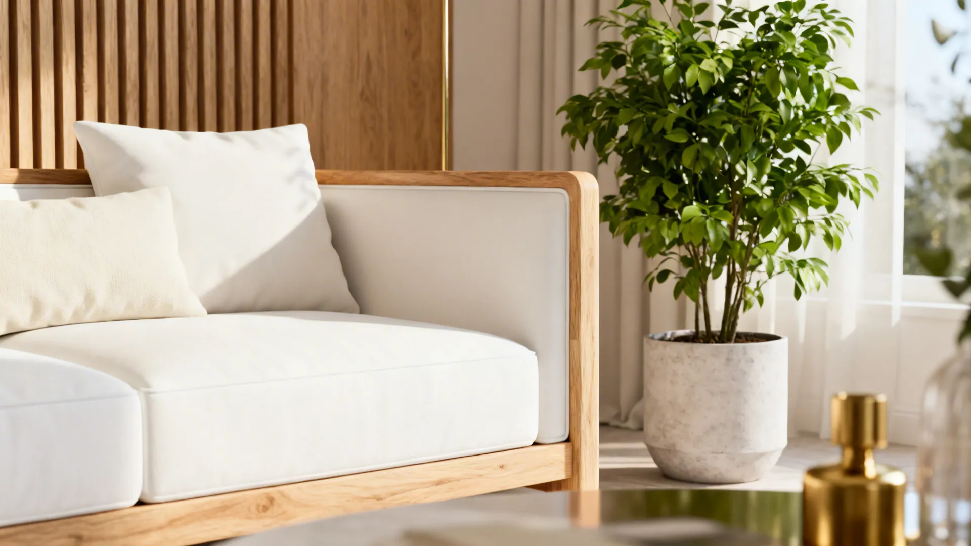 Scandinavian living area with white sofa, layered creams, wood tones and plants.