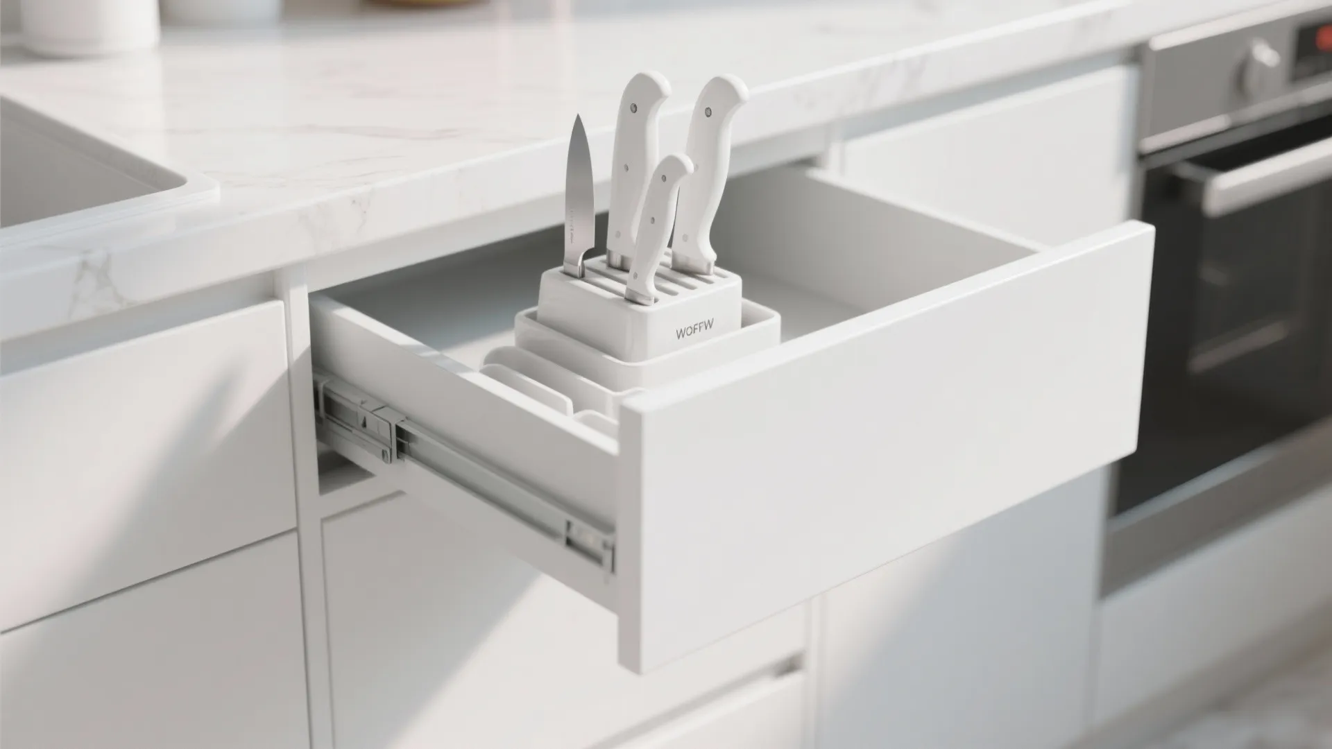Minimal all-white kitchen with a slim drawer organizer storing a white knife set.
