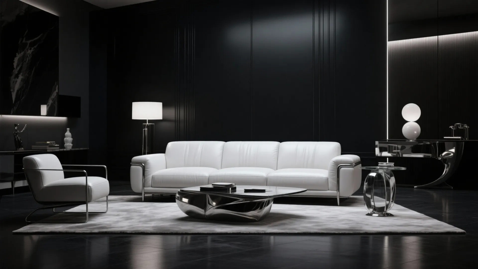 Luxury modern living room with white sofa chrome furniture dark wall panels and light fixtures