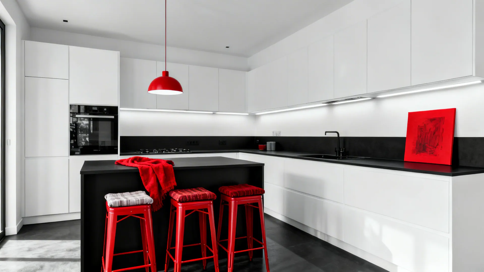 Monochrome base with red accessories and task lighting