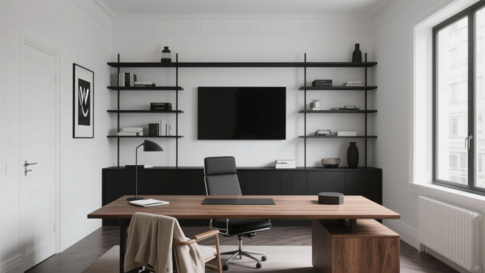 5. Monochrome Black, White, and Warm Wood