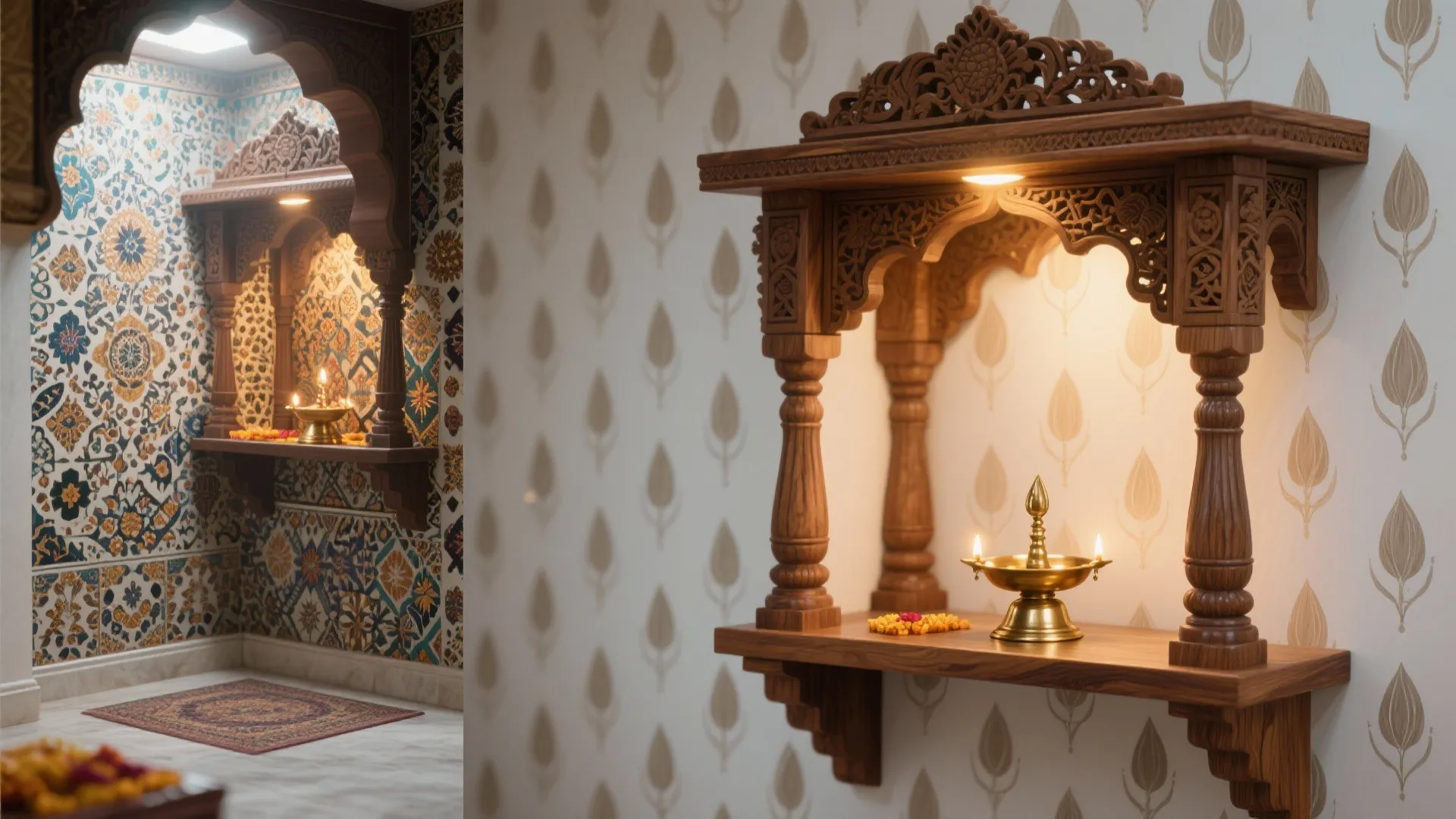Before and after comparison of traditional prayer room with colorful patterned versus simple cream wallpaper