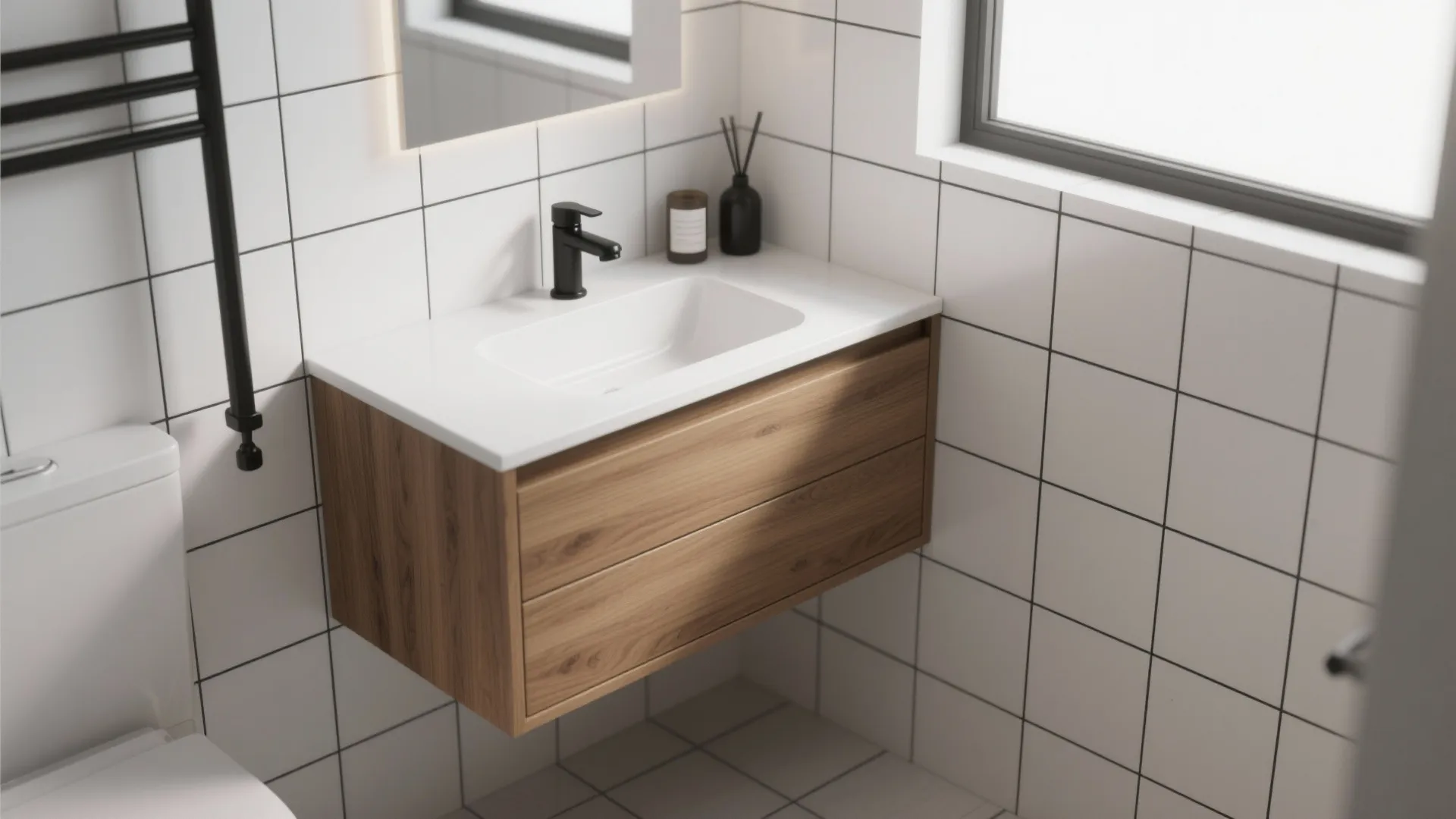 1. Monochrome Walls with a Warm Wood Vanity