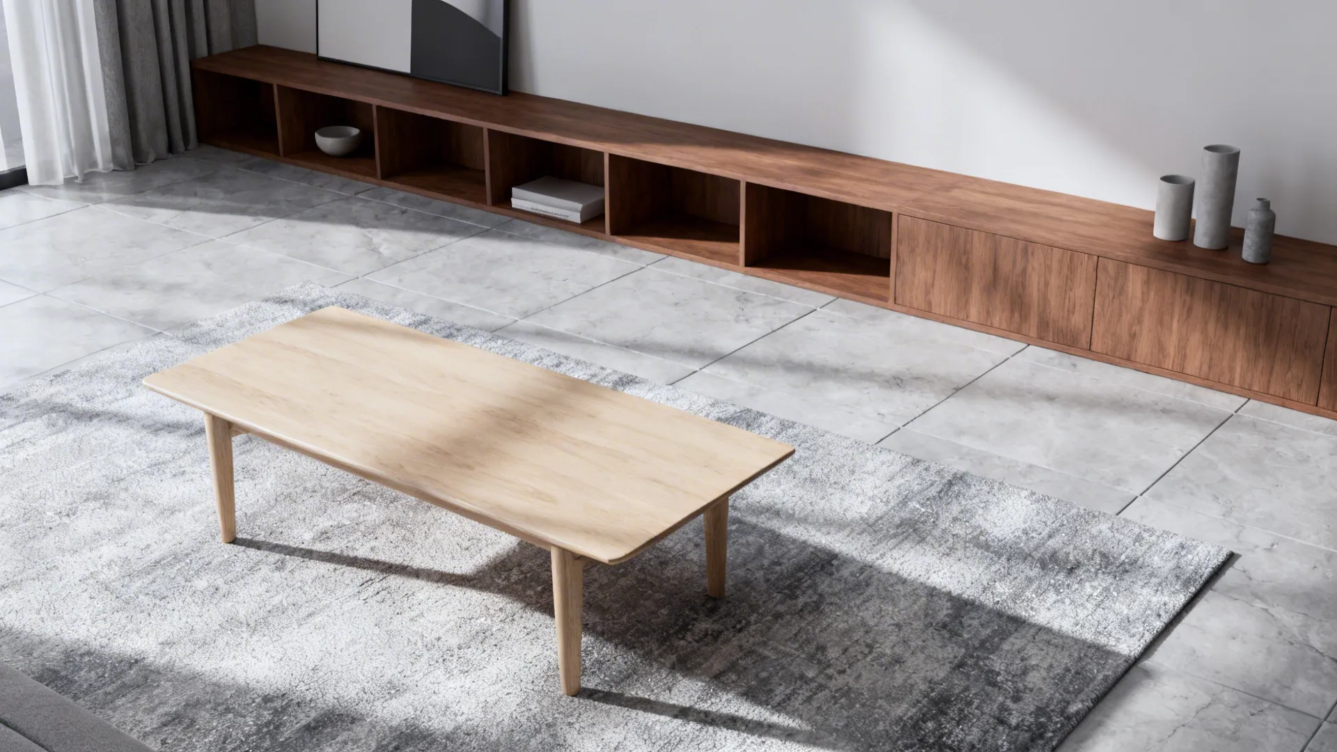 3. Monochrome Layers with Wood Warmth