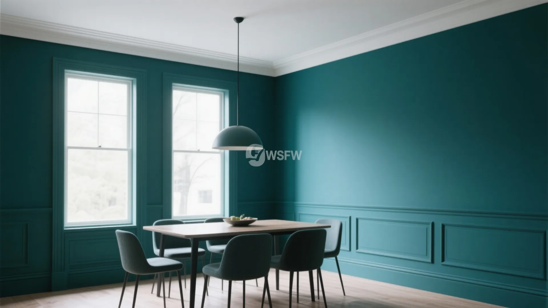 Dining room with monochrome deep teal walls