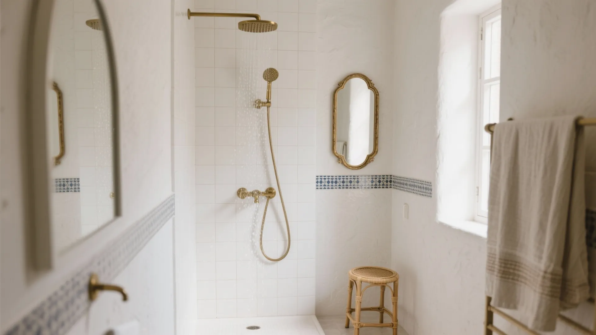 Monochrome warm white zellige shower with brass fixtures and calm styling.