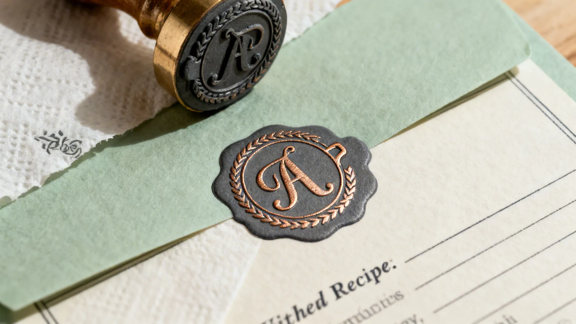 Macro of a monogram with kitchen motif in matte foil on a recipe card.