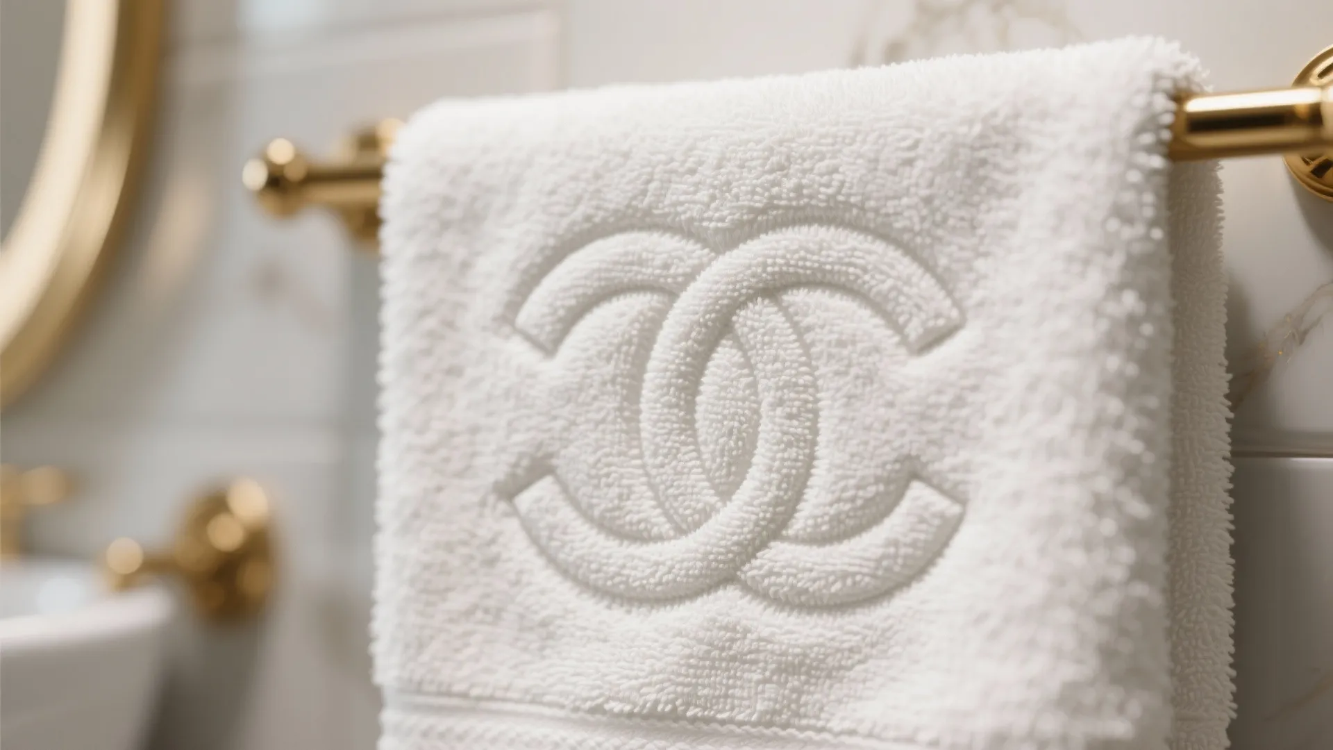 Close up of white bathroom towel with a round logo hanging on a gold metal bar