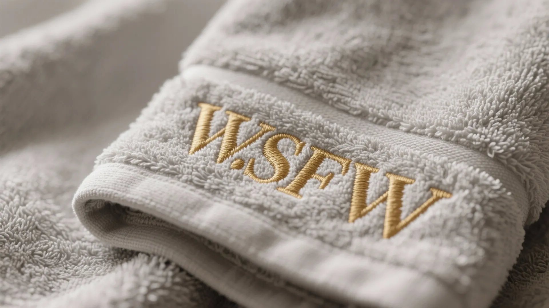 Close up of a soft white towel with gold letter embroidery showing high quality fabric texture
